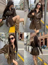 【JK28100】 ✨现货✨高质量长款帅气皮革外套 , 附加自绑腰带收腰 ❤️❤️
