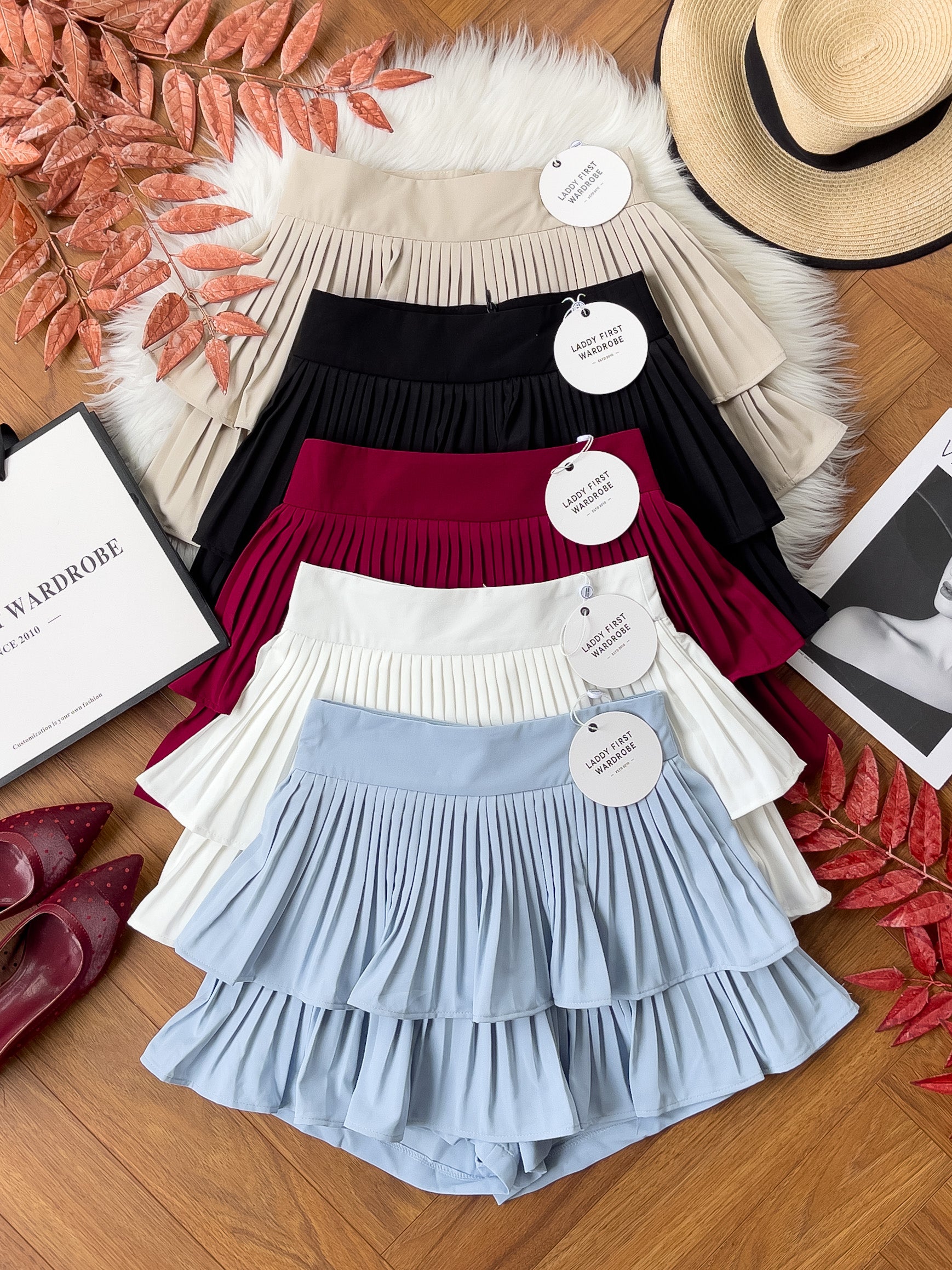 【S68135】【LFW独家小圆饼】【直播间搭配】双层蛋糕百褶荷叶边高腰显瘦西装裙子，内层防走光短裤 ❤️❤️ 【C-R3-C5】