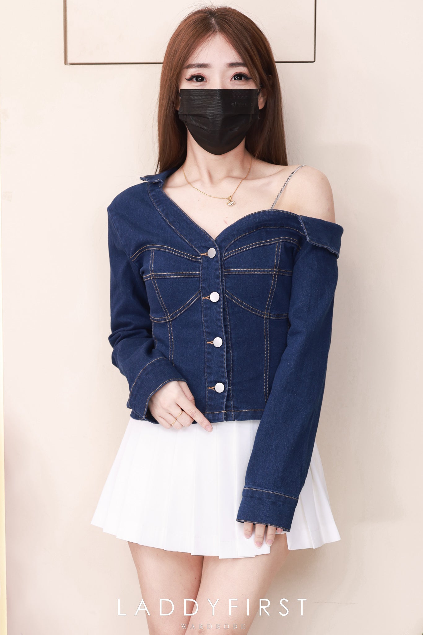 【T7738】高品质爆气感御姐风斜肩长袖牛仔上衣 ❤❤【A-R1-C1】
