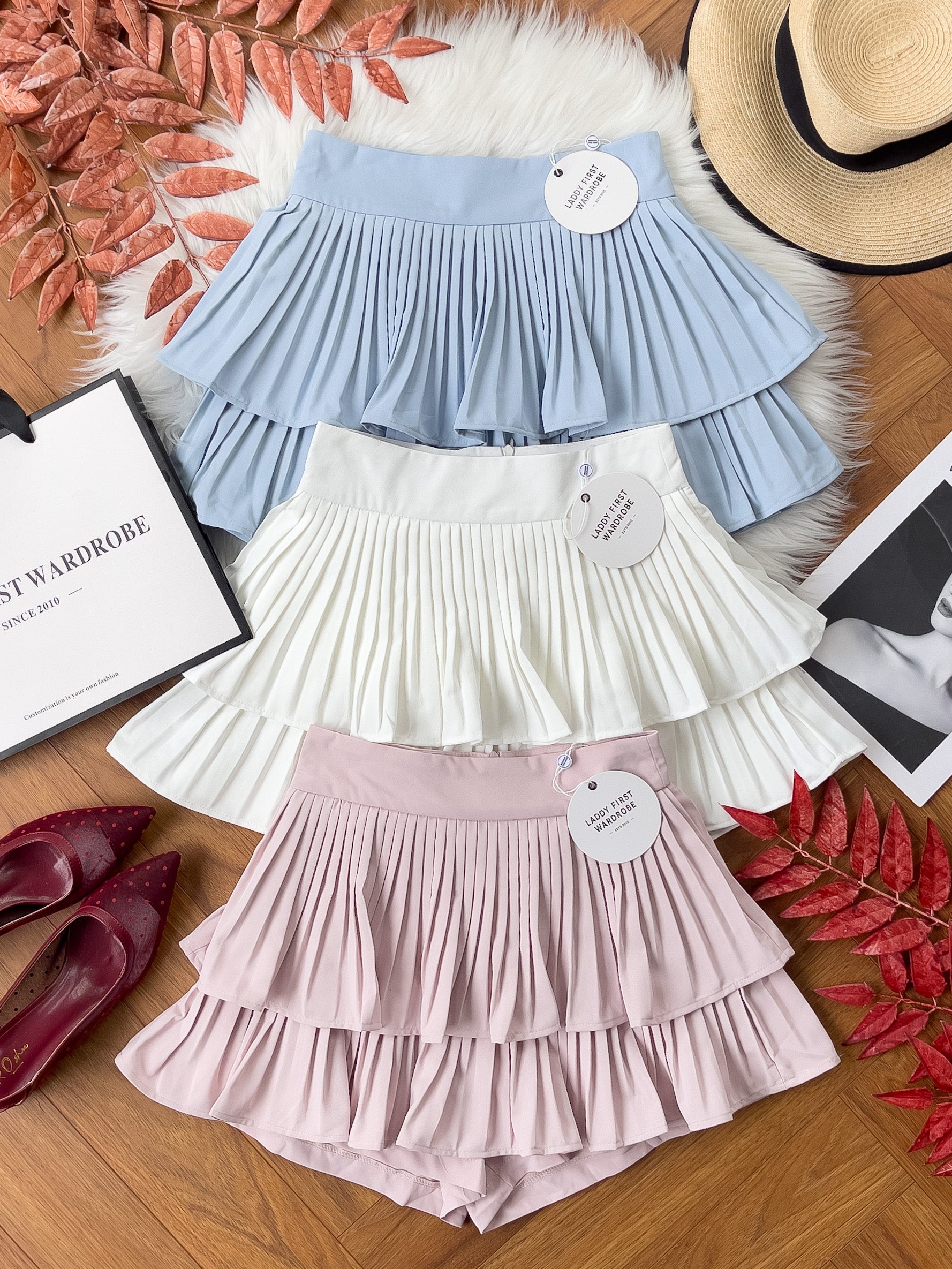 【S68135】【LFW独家小圆饼】【直播间搭配】双层蛋糕百褶荷叶边高腰显瘦西装裙子，内层防走光短裤 ❤️❤️ 【C-R3-C5】