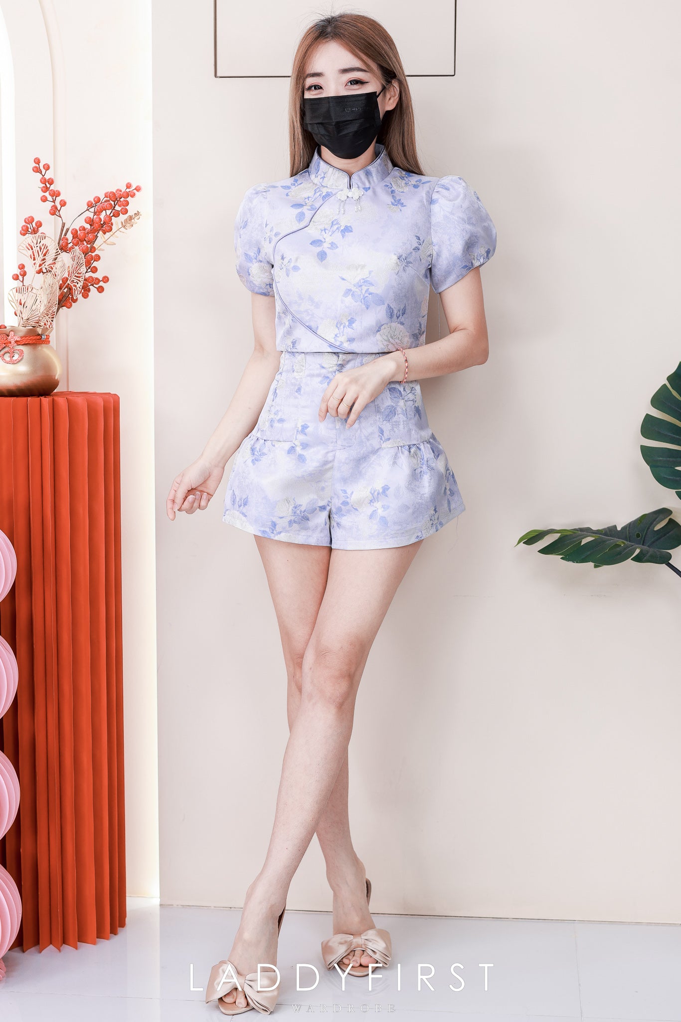 【SS98897】高品质两件式新中式提花旗袍套装 泡泡袖旗袍上衣➕提花高腰短裤 ❤️❤️