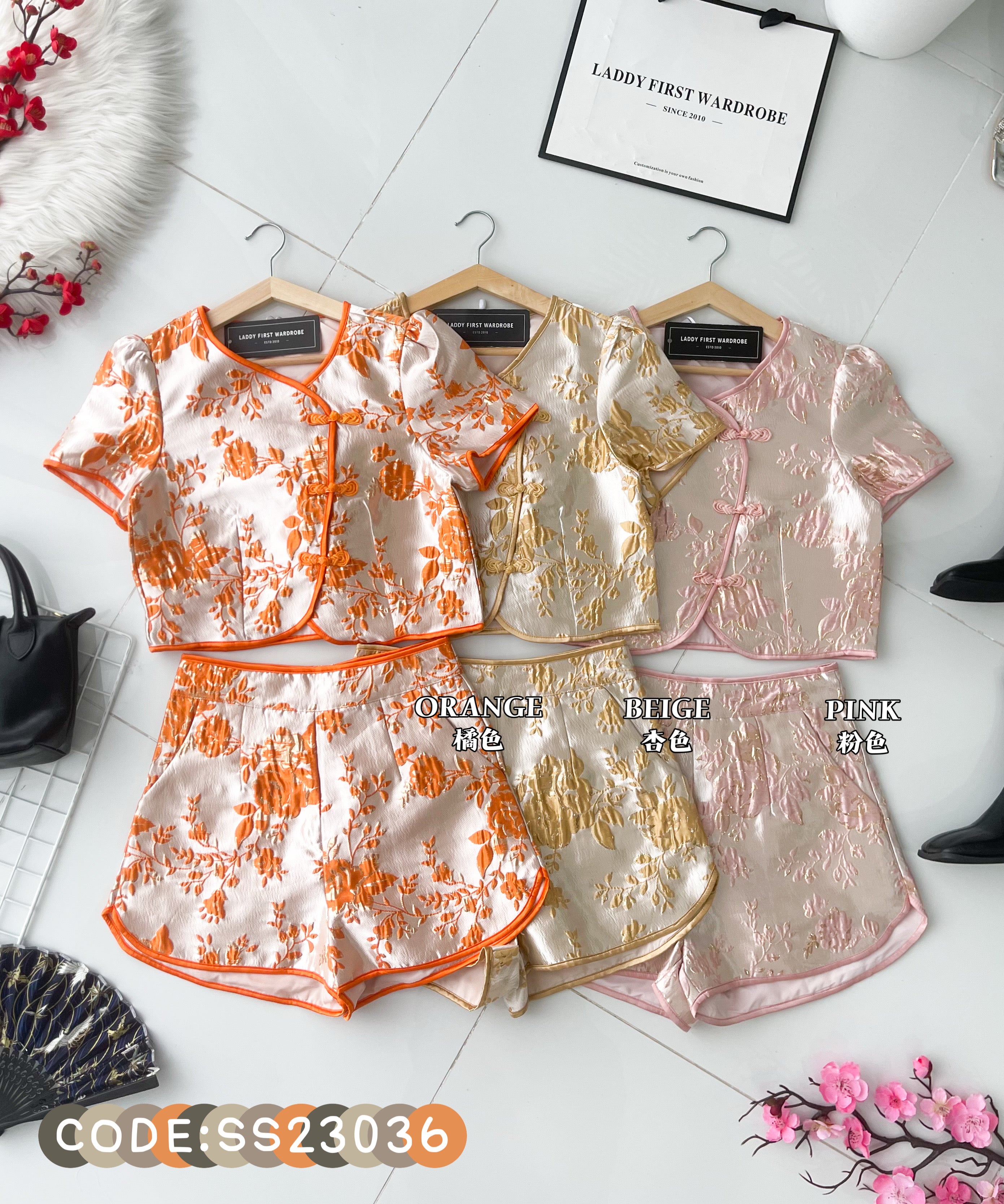 【SS23036】高品质两件式高端气质浮雕提花旗袍套装 短袖提花旗袍上衣➕提花短裤，有口袋❤️❤️