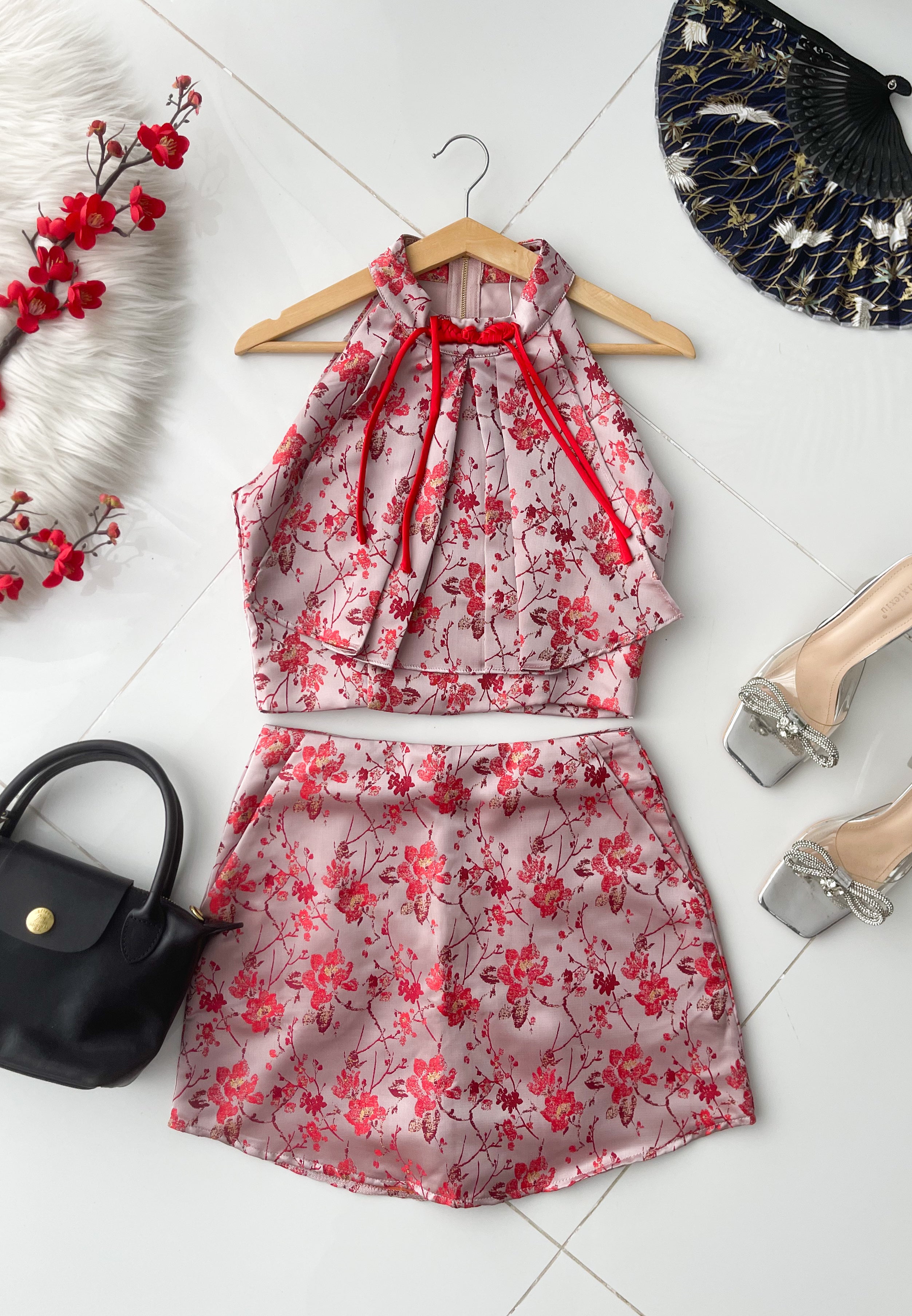 【SS21777 / 91326】高品质两件式优雅气质新中式提花旗袍套装 提花旗袍上衣➕提花高腰裙子裙子，内层有里布短裤，有口袋 ❤️❤️