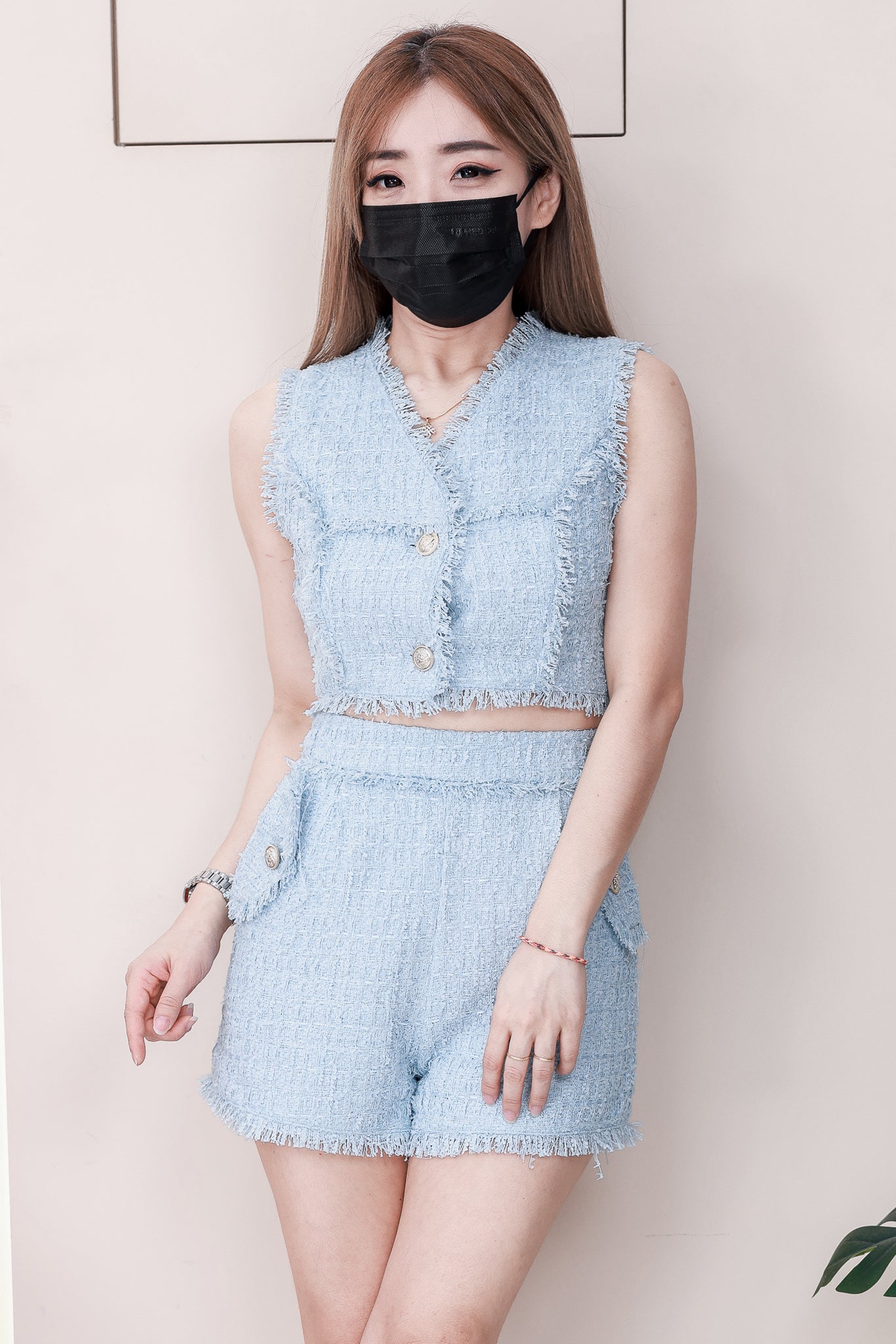 【SS21677 / 37419】高品质两件式精致马甲式小香风套装 马甲式小香风上衣➕小香风高腰百搭短裤，有口袋 ❤️❤️ 【D-R1-C4】