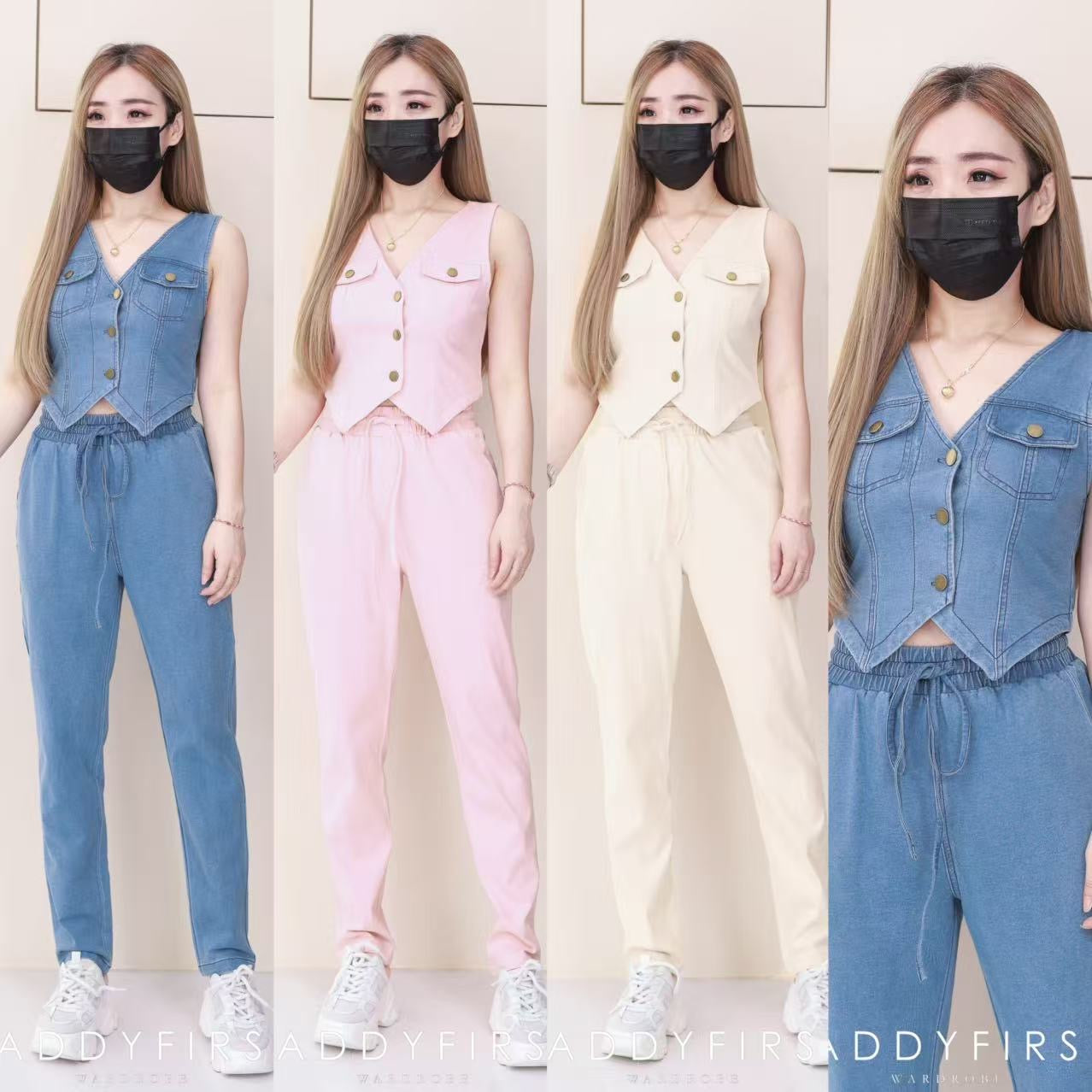【SS41137】高品质两件式韩版马甲式COTTON JEANS牛仔套装  马甲式牛仔上衣/外套➕牛仔松紧腰高腰百搭长裤，有口袋 ❤️❤️