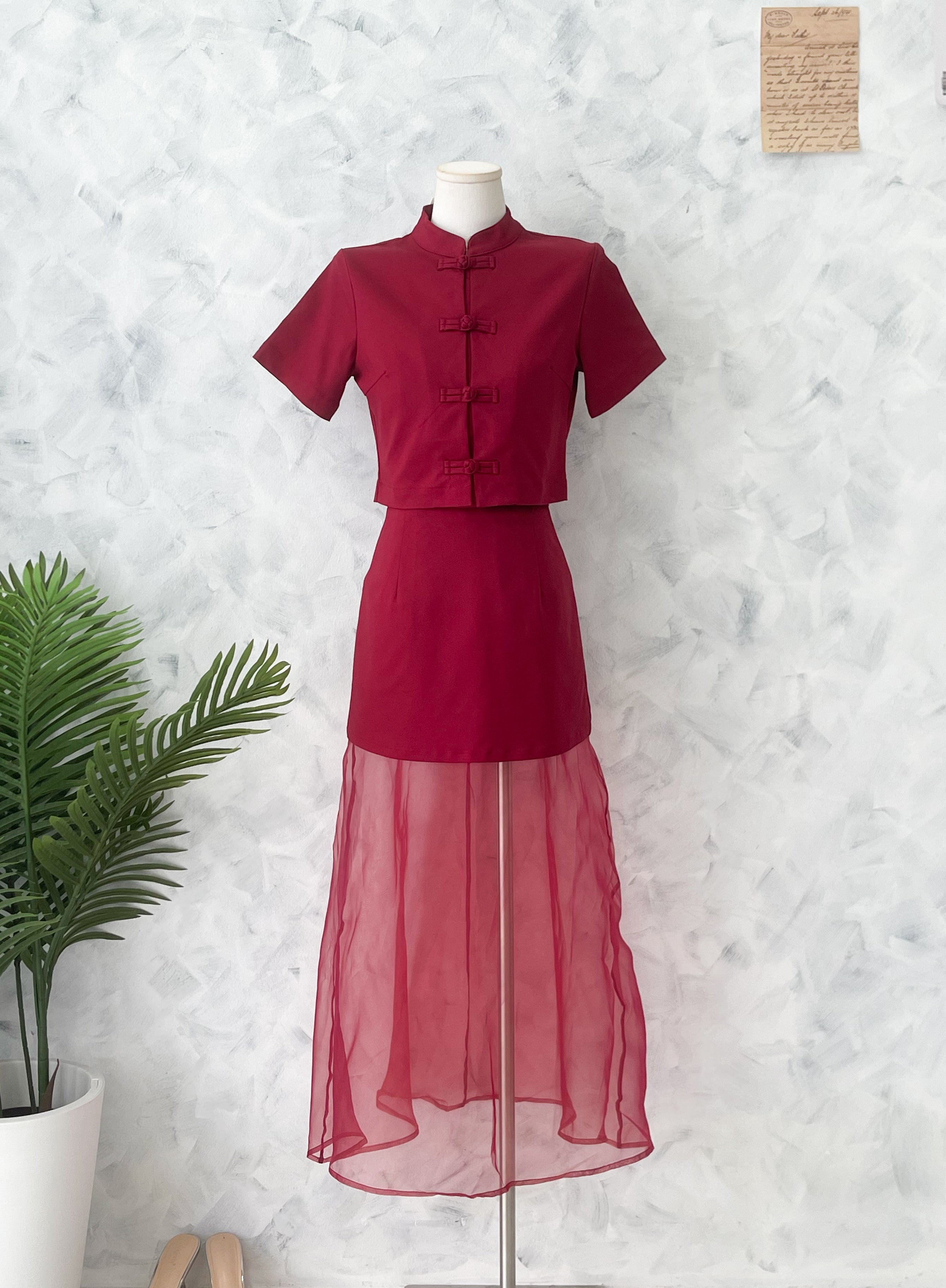 【SS2758】高品质两件式旗袍套组 锦棉旗袍短袖上衣➕锦棉拼接网纱裙子 ❤️❤️