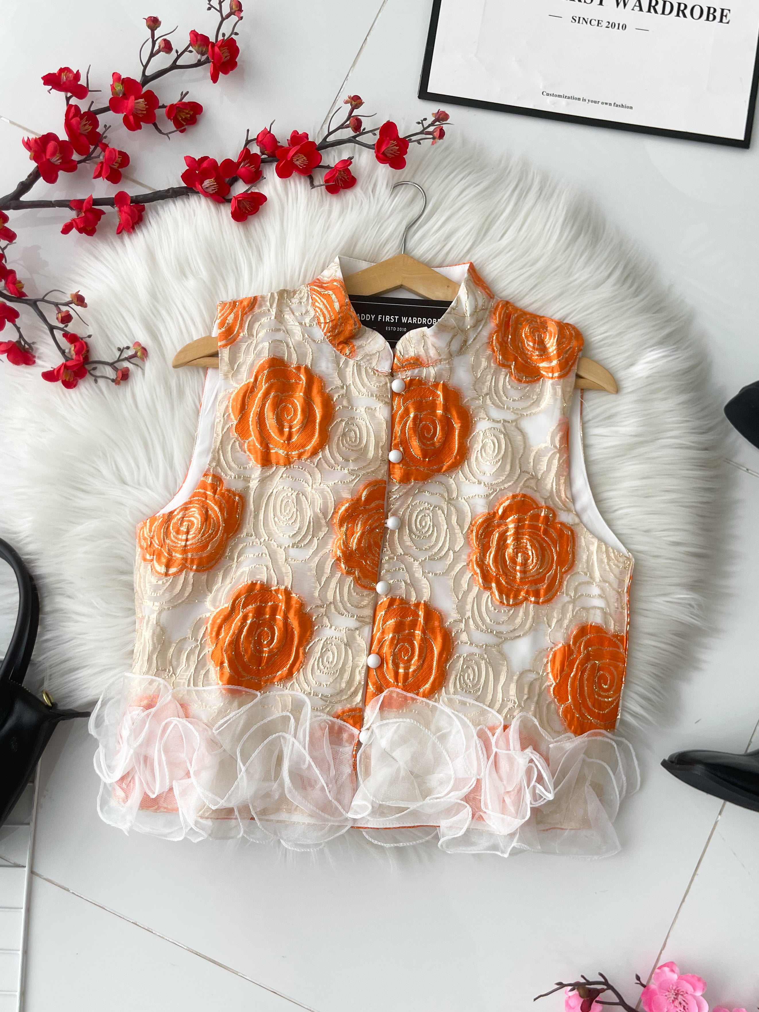 【T8238961】高品质高端气质金线提花拼接立体花瓣无袖旗袍上衣 ❤❤