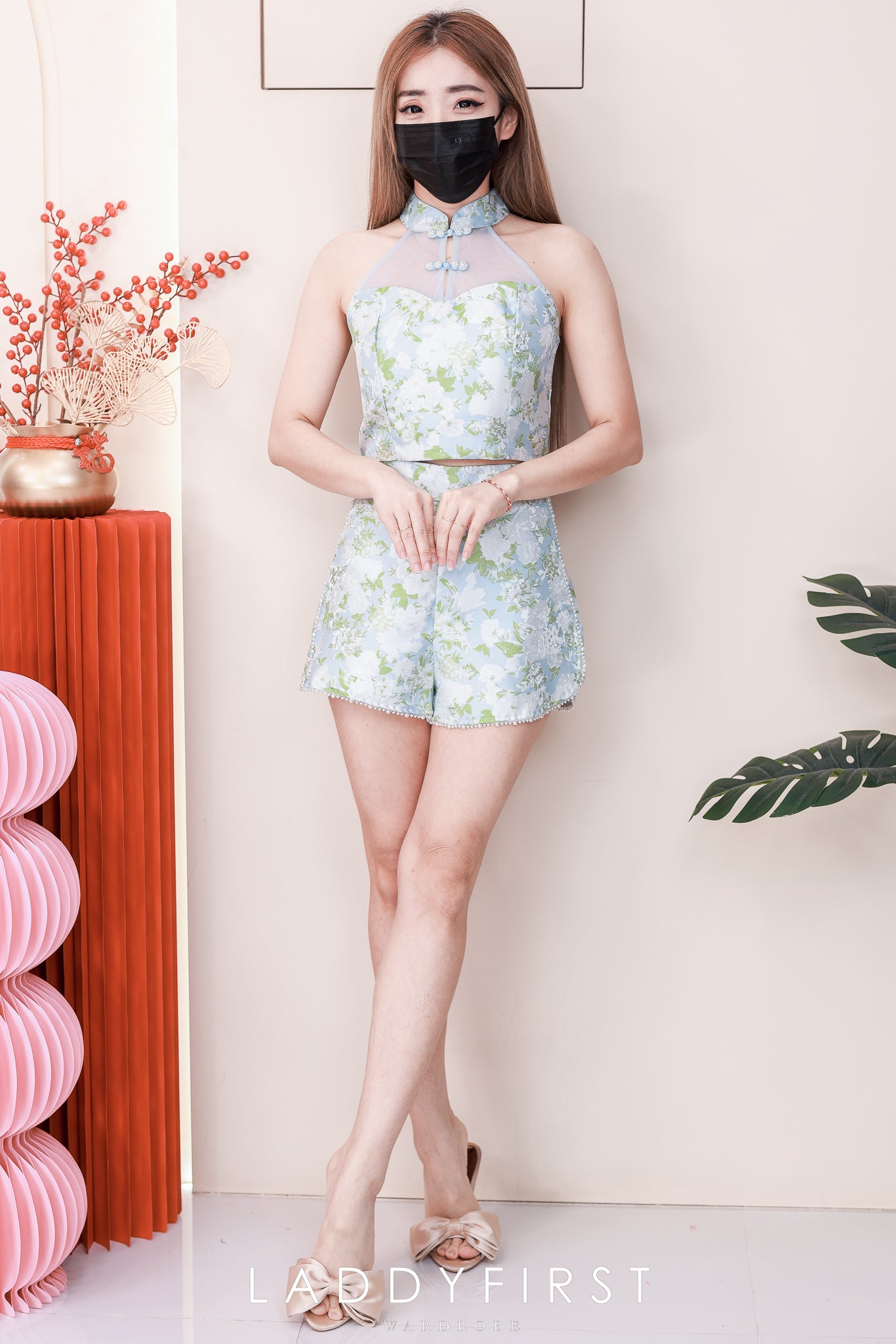【SS25230】【补厂家现货⚡️⚡️】高品质两件式新中式提花旗袍套装 提花拼接网纱CUT IN旗袍上衣➕提花高腰百搭短裤，有口袋 ❤️❤️