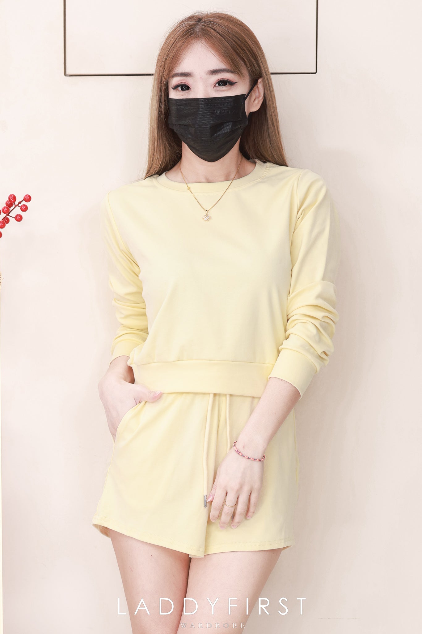 【SS823740】高品质两件式纯棉简约休闲百搭套装 宽松版休闲百搭长袖上衣➕松紧腰弹力休闲短裤，有口袋 ❤️❤️【B-R1-C4】