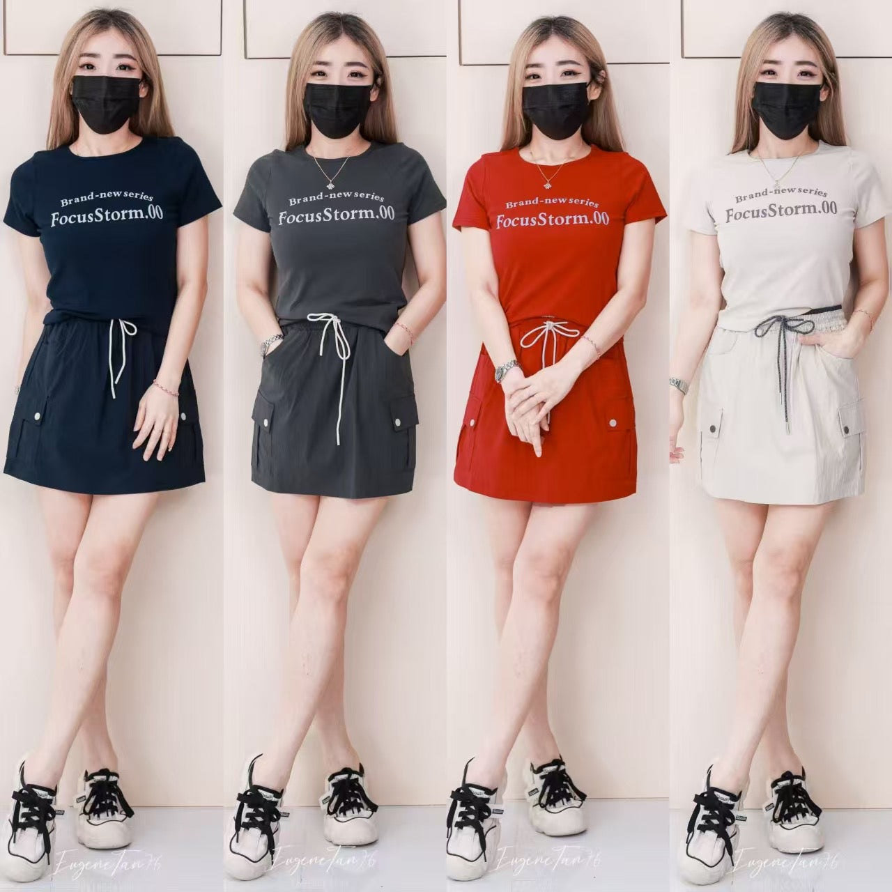 【SS1777】高品质两件式韩风休闲时尚套装 纯棉弹力圆领短袖百搭上衣➕松紧高腰百搭裙子，内层有里布短裤有口袋 ❤️❤️