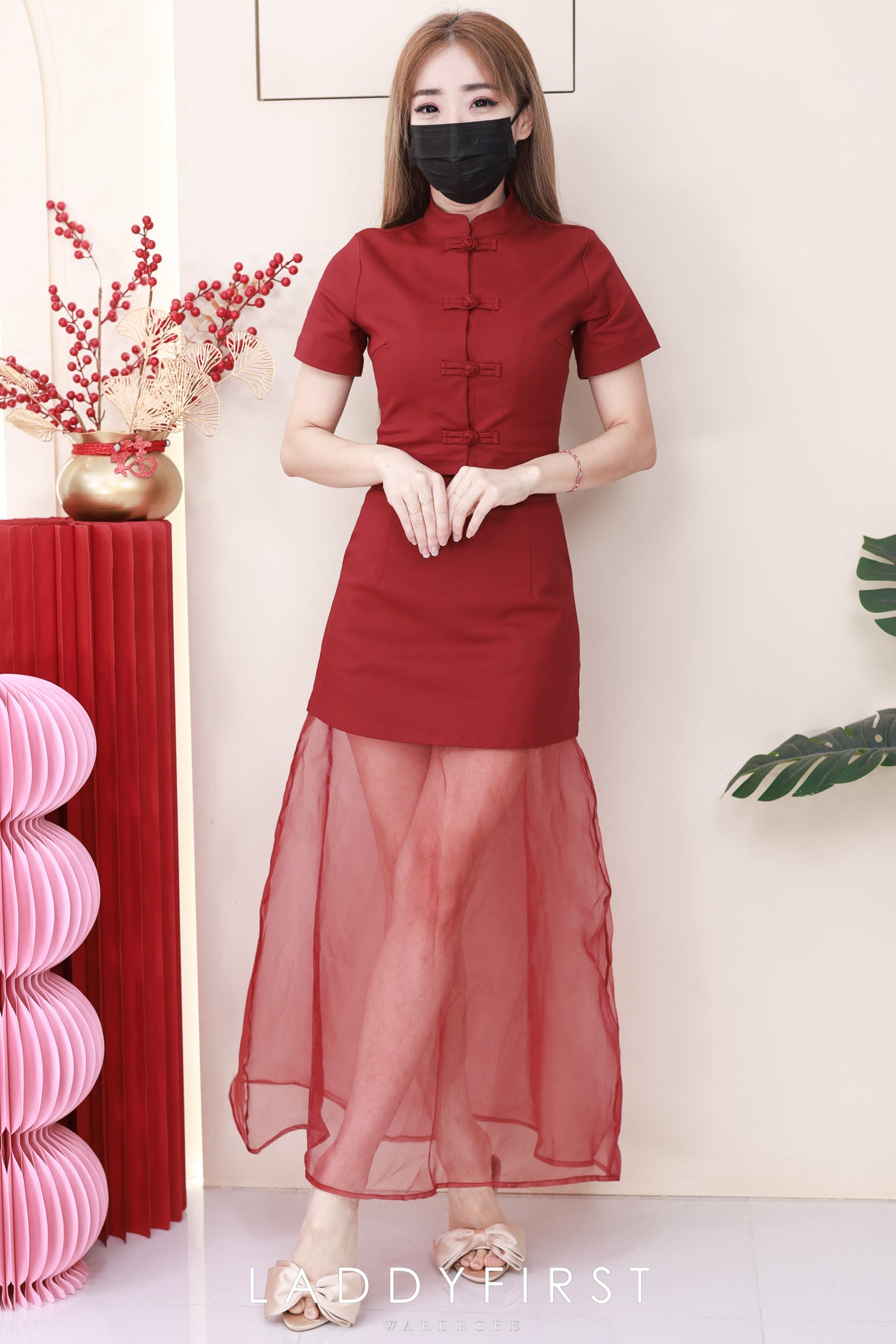 【SS2758】高品质两件式旗袍套组 锦棉旗袍短袖上衣➕锦棉拼接网纱裙子 ❤️❤️