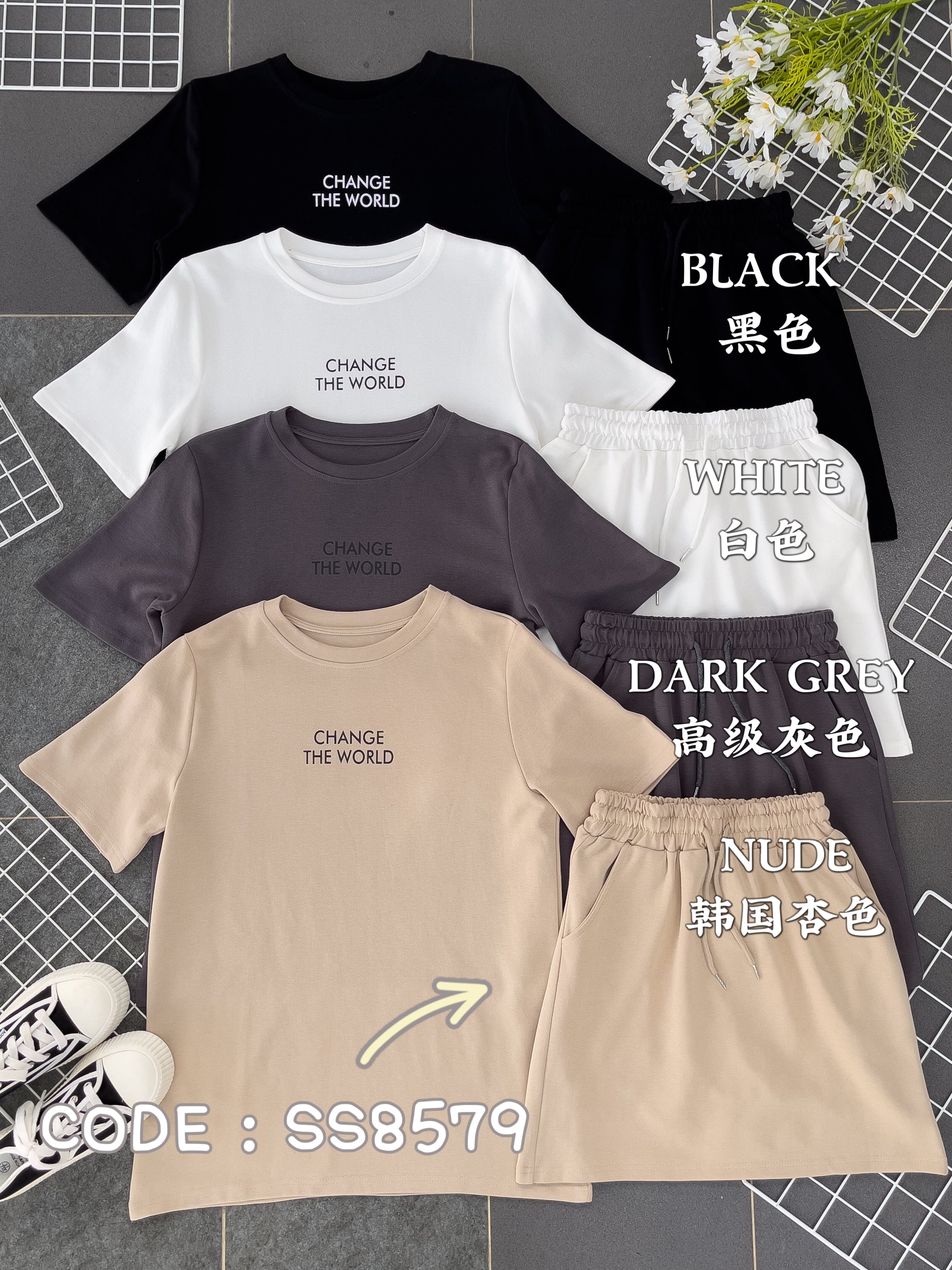 【SS8579】两件式韩版休闲纯棉套装 圆领宽松休闲上衣➕松紧腰高腰裙子，内层里布短裤，有口袋