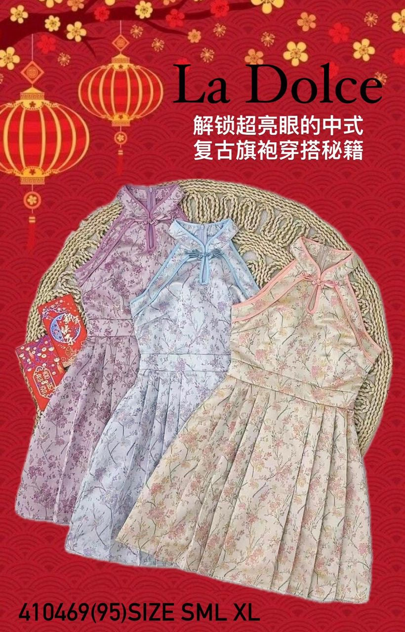 【D410469】高品质新中式复古风减龄百褶提花CUT IN连身裙子 ❤️❤️
