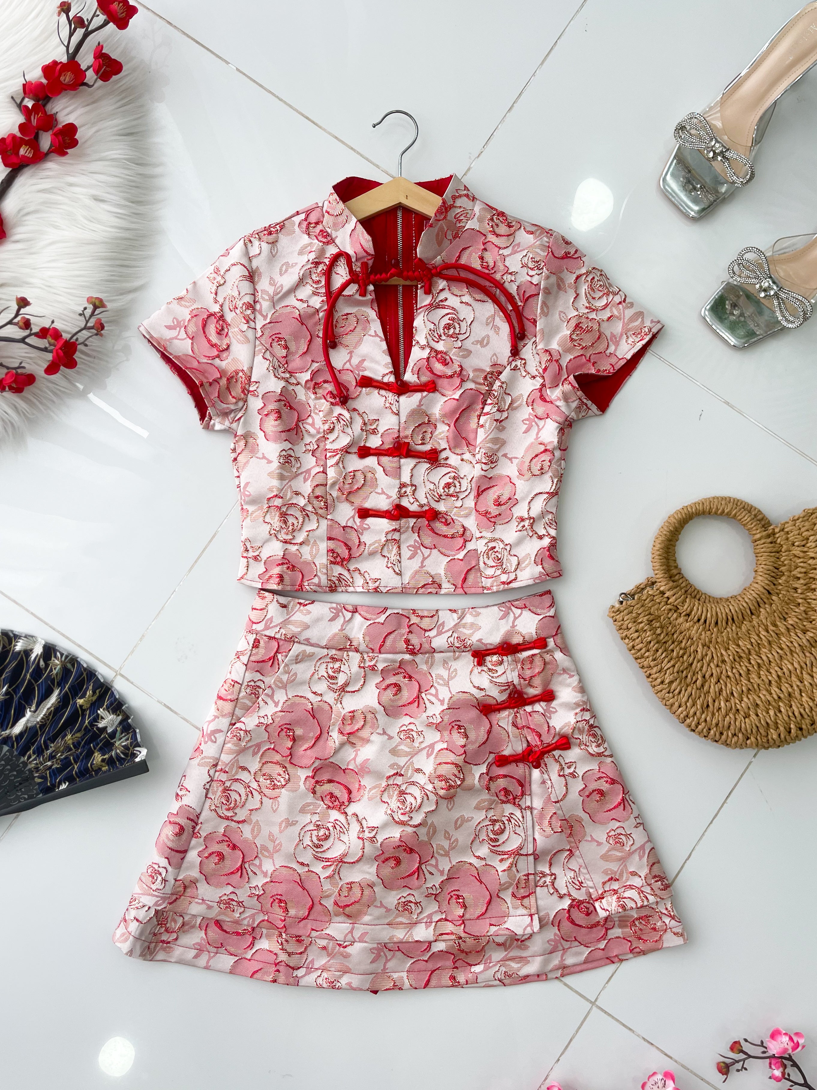 【SS6875】高品质两件式高档气质花开富贵新中式提花旗袍套装 短袖提花旗袍上衣➕提花旗袍高腰裙子，内层有里布短裤 ❤️❤️【A-R1-C4】