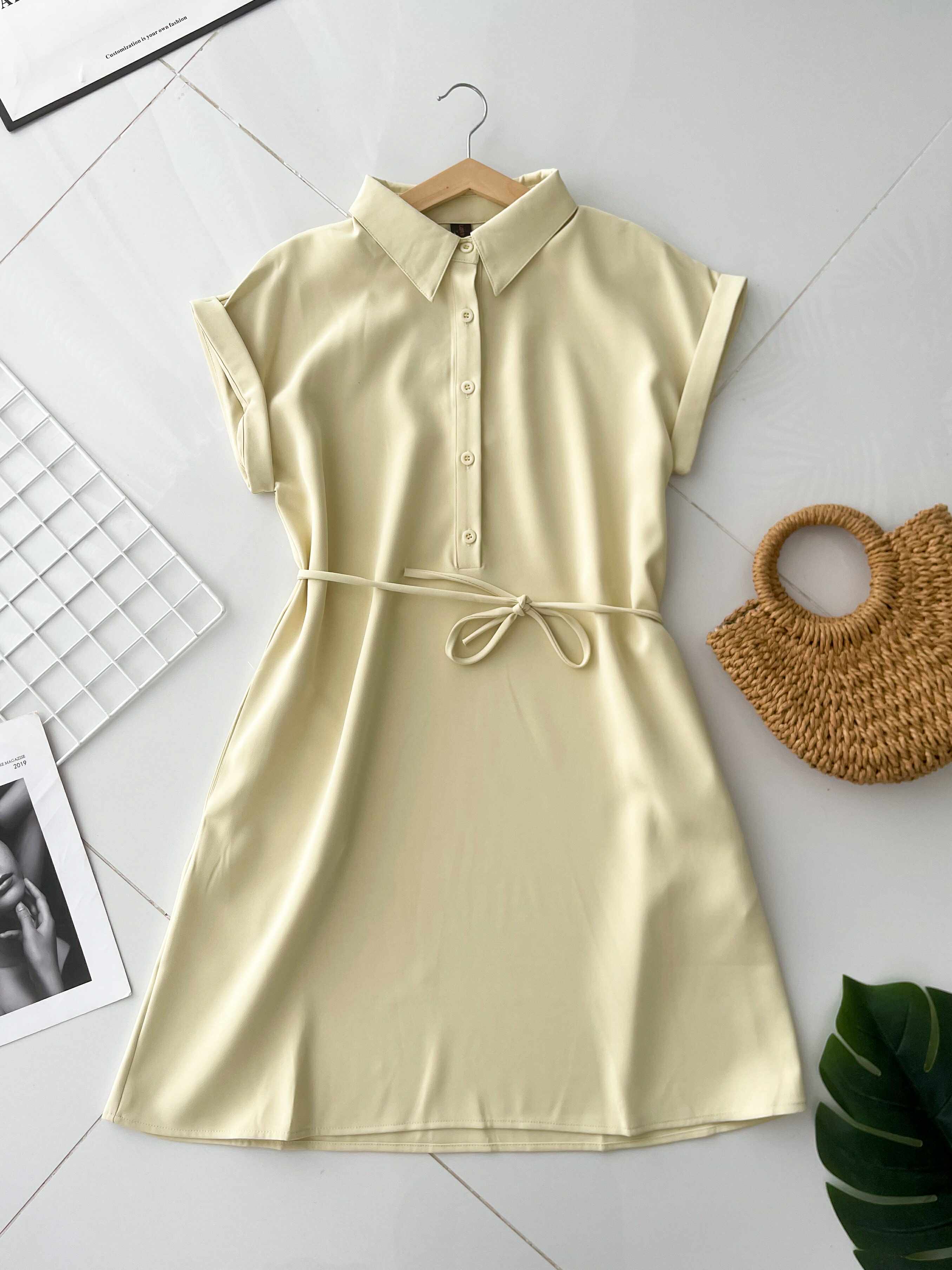 【D1783】独家爆款高品质翻领短袖收腰自绑细带西装垂感慵懒休闲风连身裙子，有口袋 ❤️❤️【A-R2-C1】