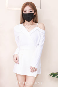 【SS98736】高品质两件式时尚韩版西装套装 单边露肩宽松长袖上衣➕前裙后裤西装高腰百搭裤裙，有口袋 ❤️❤️ 【B-R1-C6】