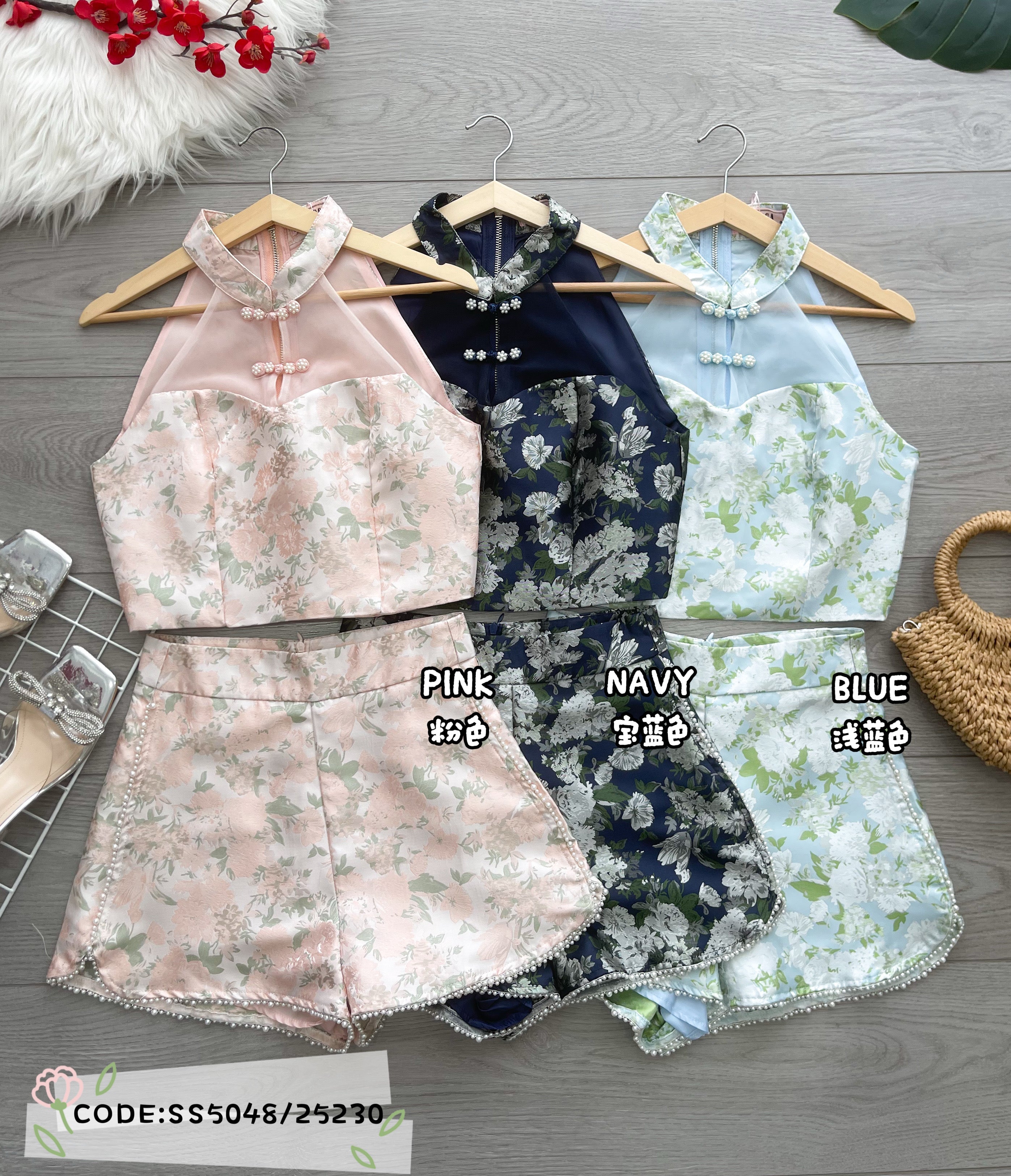 【SS25230】【补厂家现货⚡️⚡️】高品质两件式新中式提花旗袍套装 提花拼接网纱CUT IN旗袍上衣➕提花高腰百搭短裤，有口袋 ❤️❤️