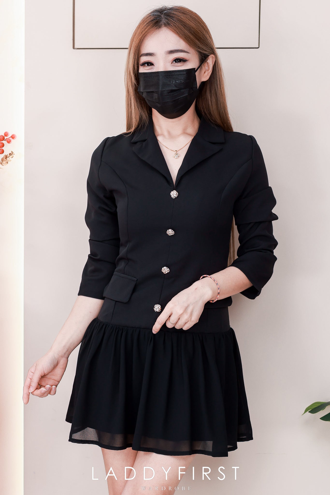 【D81181】高品质韩系御姐风长袖西装拼接雪纺连身裙子 ❤❤【A-R2-C1】