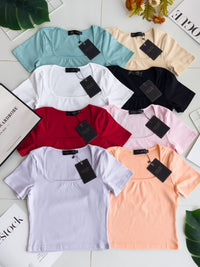 【T50155】独家爆款高品质方领短袖纯棉弹力简约日常百搭款上衣 ❤❤ 【B-R1-C5】