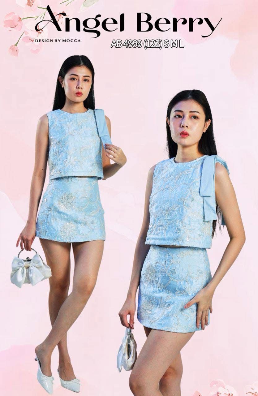 【SS25217】高品质两件式重工绣花拼接亮片套装 无袖上衣➕高腰裙子，内层有里布短裤 ❤️❤️