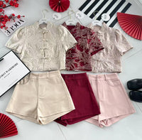 【SS3471】【LFW独家小圆饼】高品质两件式高端气质时尚提花旗袍套装 立领短袖盘扣提花旗袍上衣➕西装高腰百搭短裤，有口袋 ❤️❤️ 【D-R1-C5】