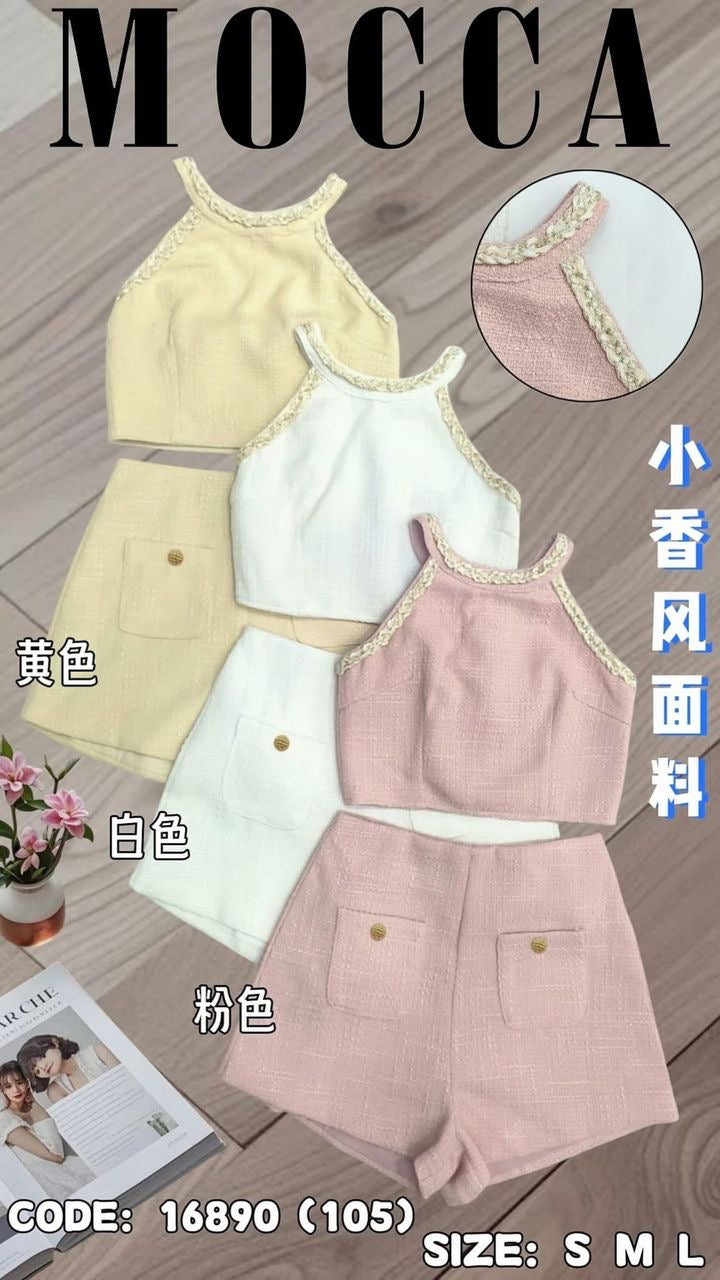 【SS37155】高品质两件式小香风时简约时尚套装 挂脖CUT IN小香风上衣➕小香风高腰百搭短裤，有口袋 ❤️❤️