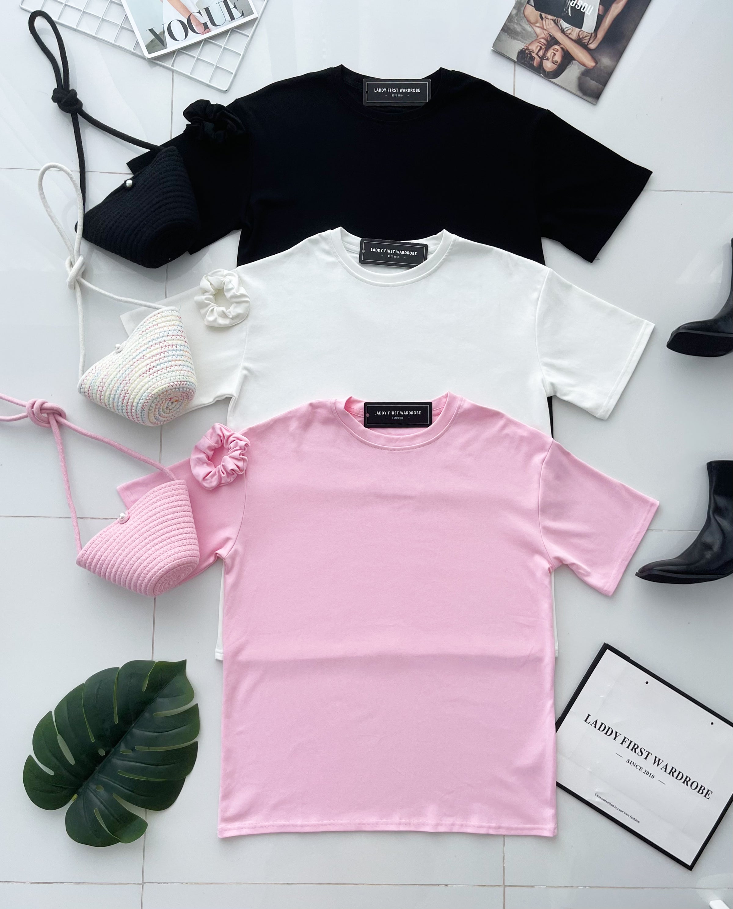 【O1160】高品质三件套男女同款纯棉Oversized 潮流时尚上衣 ❤️❤️ 上衣➕包包➕发圈【A-RU9】