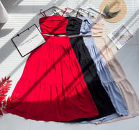 【SS32189】LFW独家爆款两件式仙气温柔风雪纺套装 自调无袖肩带抹胸上衣，后副伸缩弹力➕高腰显瘦大摆蛋糕长裙，内层有里布 ❤️❤️ 【B-R1-C3】