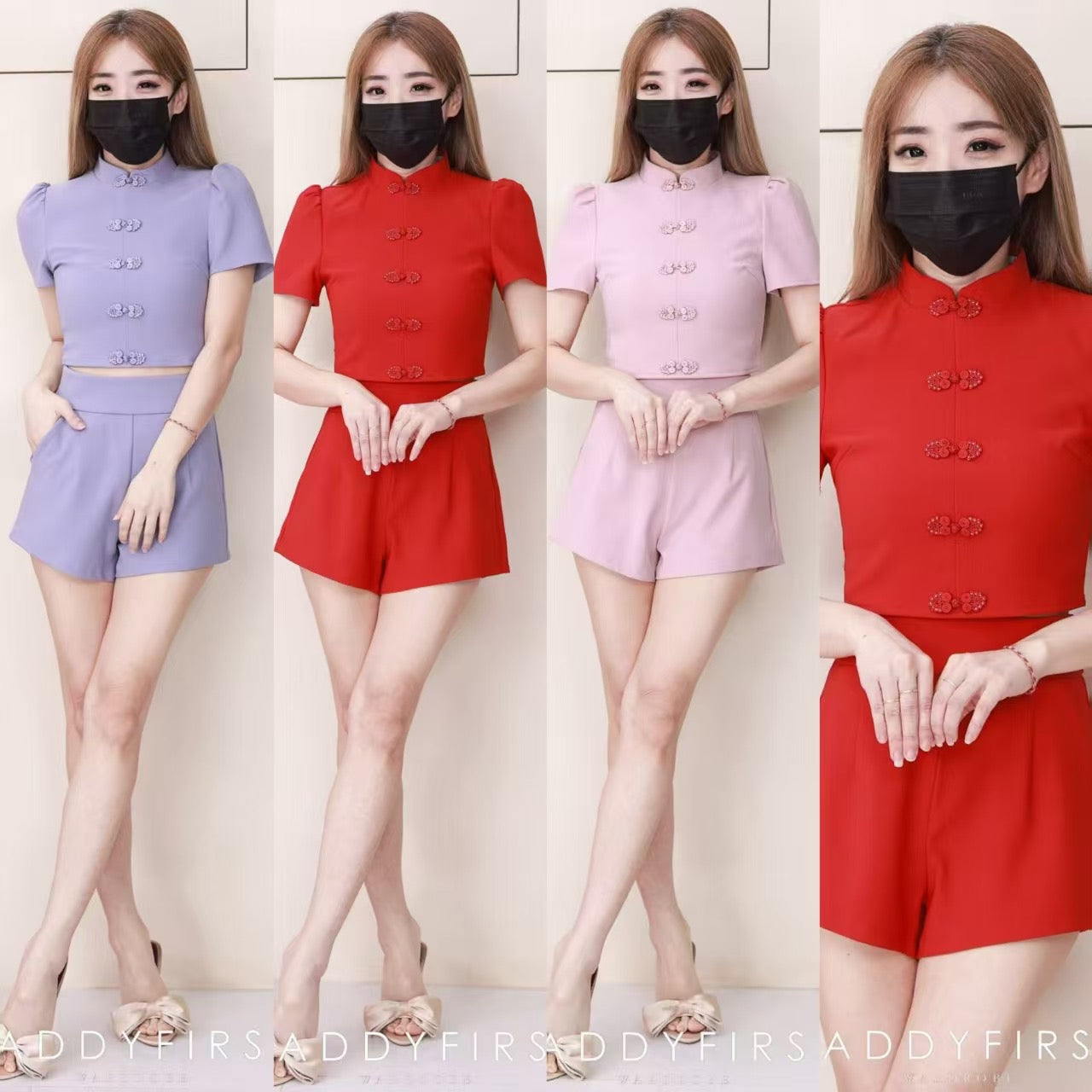 【SS3504】【LFW独家小圆饼】高品质两件式简约时尚西装四面弹唐装旗袍套装 立领盘扣短袖旗袍上衣➕西装高腰百搭短裤，有口袋 ❤️❤️