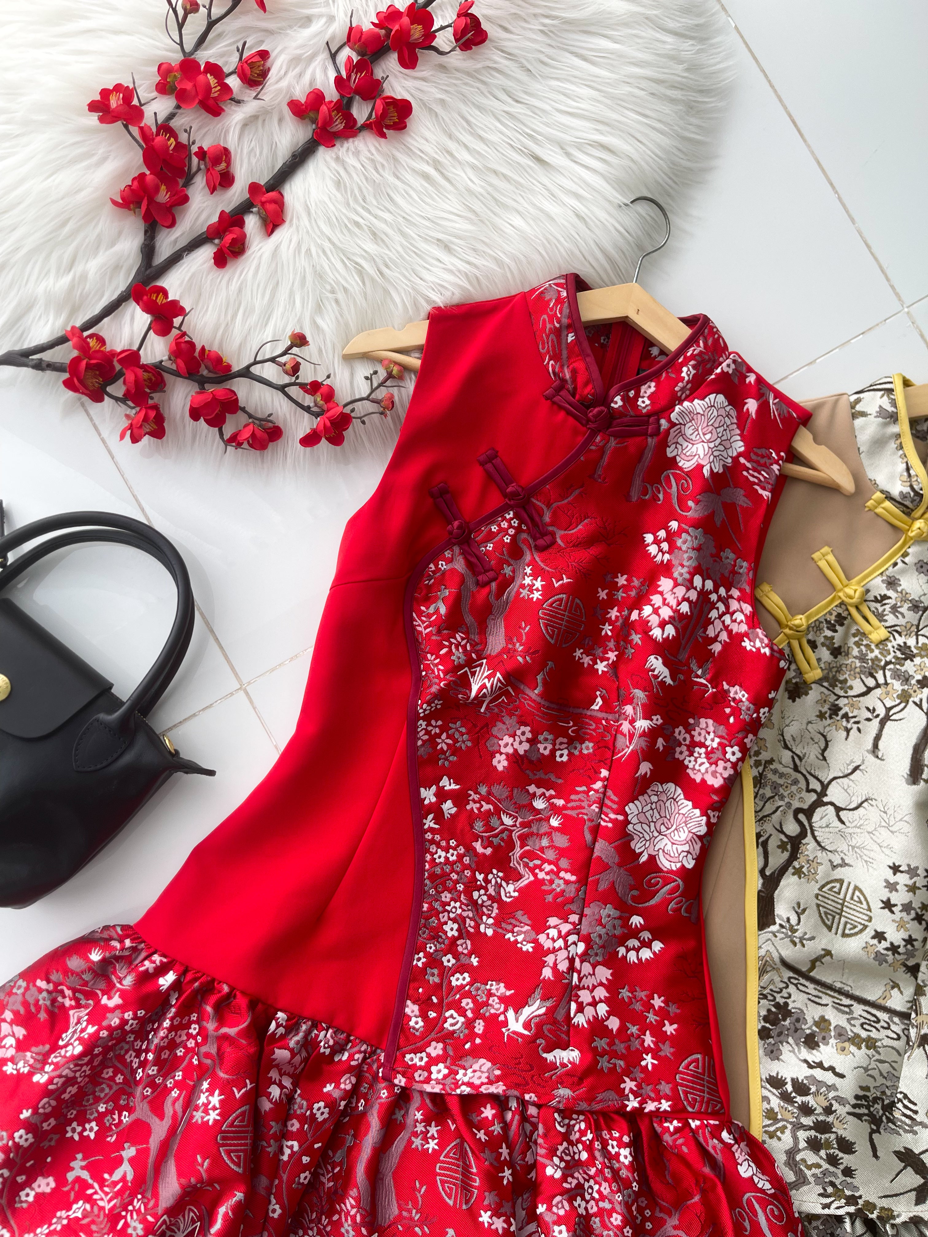 【D55252-1】⚡补货预订款⚡高品质气质国风花苞提花旗袍连身裙子，内层有里布短裤 ❤❤