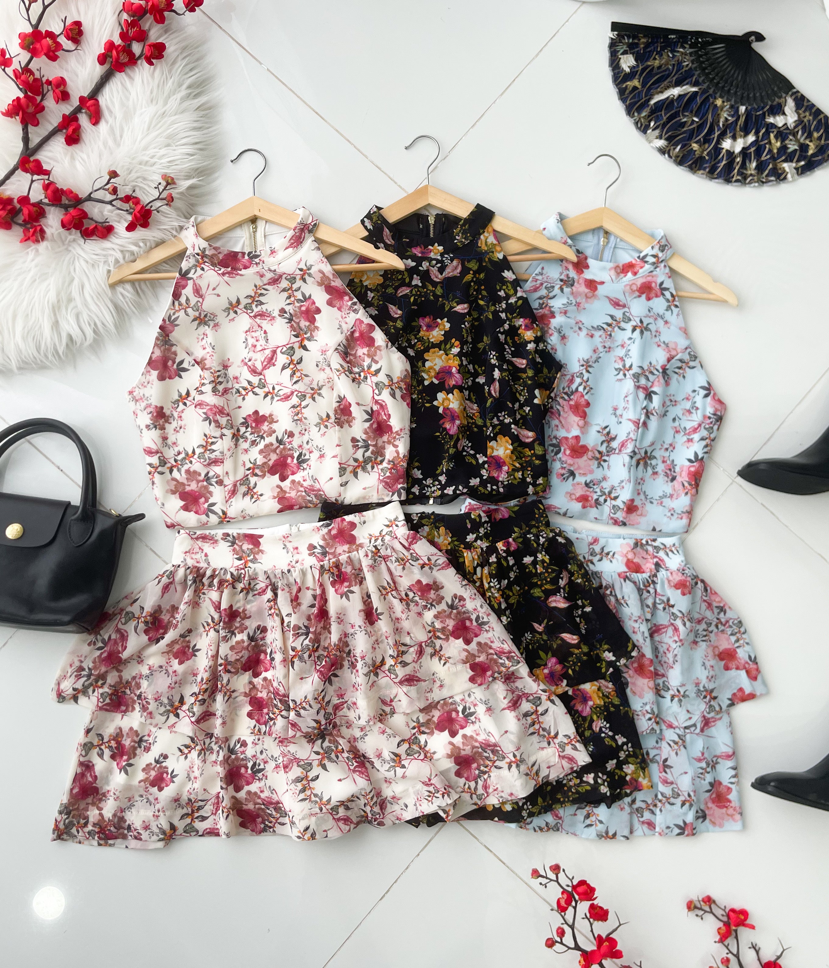 【SS8246831】高品质两件式雪纺碎花套装 雪纺碎花无袖上衣➕雪纺碎花蛋糕裙子，内层有里布短裤 ❤️❤️【B-R1-C5】