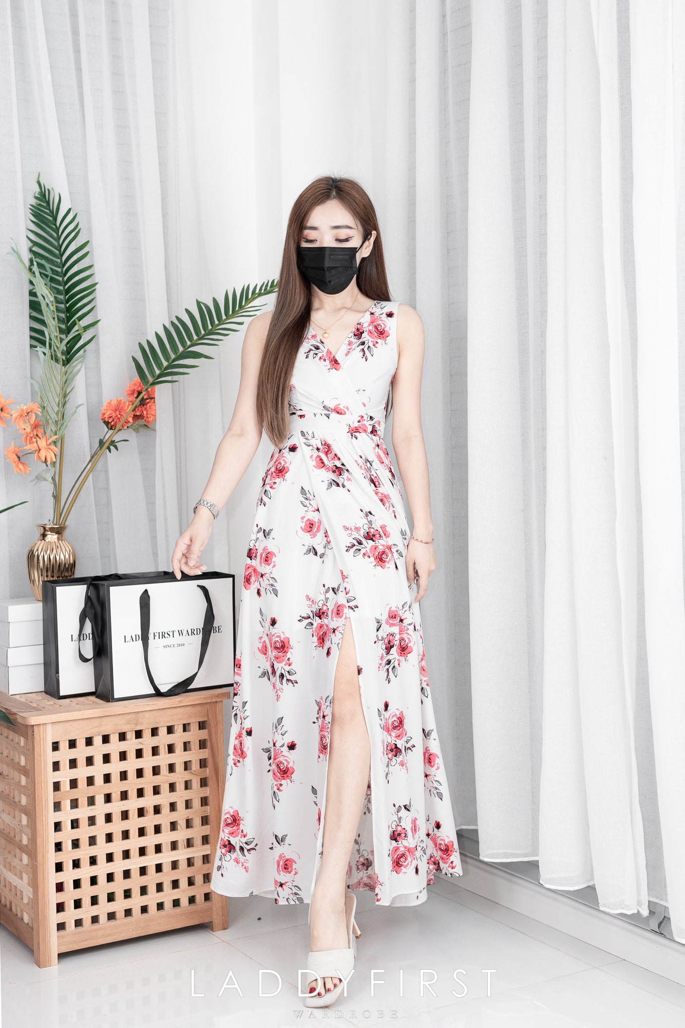 【D2251】欧美风V领交叉设计无袖印花沙滩连身长裙开叉裙子
