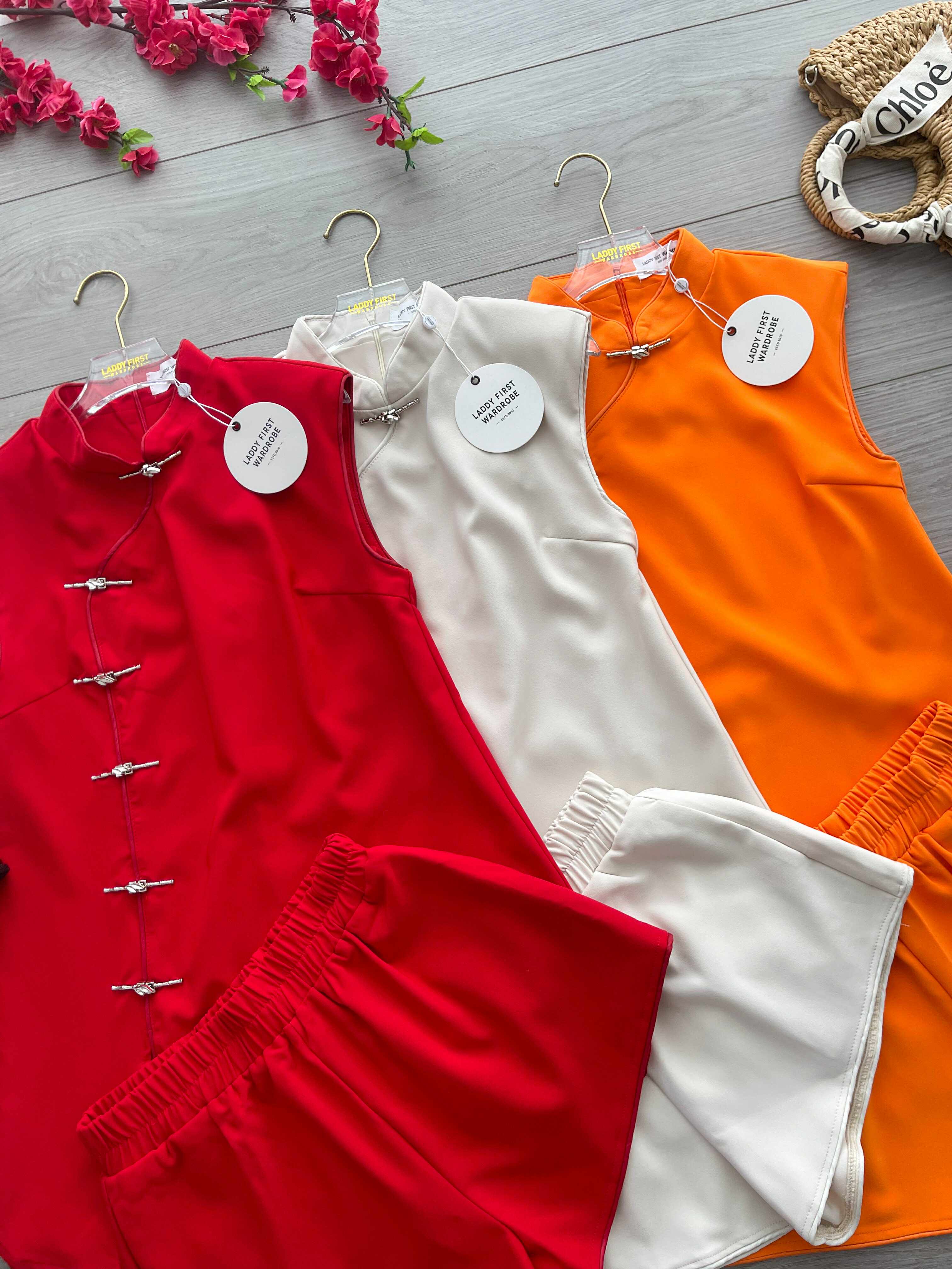 【SS3481】【LFW独家小圆饼】高品质两件式减龄洋气时尚新中式国风西装旗袍套装 排盘扣无袖旗袍连衣裙➕松紧腰弹力高腰百搭短裤，有口袋 ❤️❤️