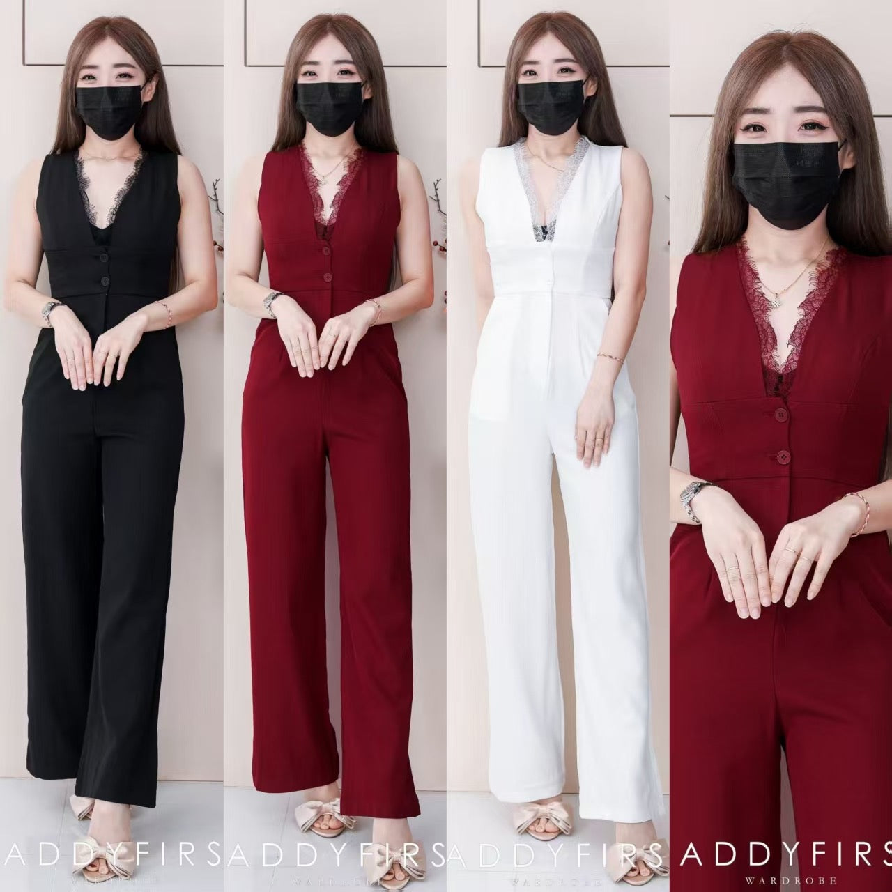 【D37361-9】高品质V翻领拼接蕾丝无袖西装连身阔脚长裤，有口袋 ❤️❤️