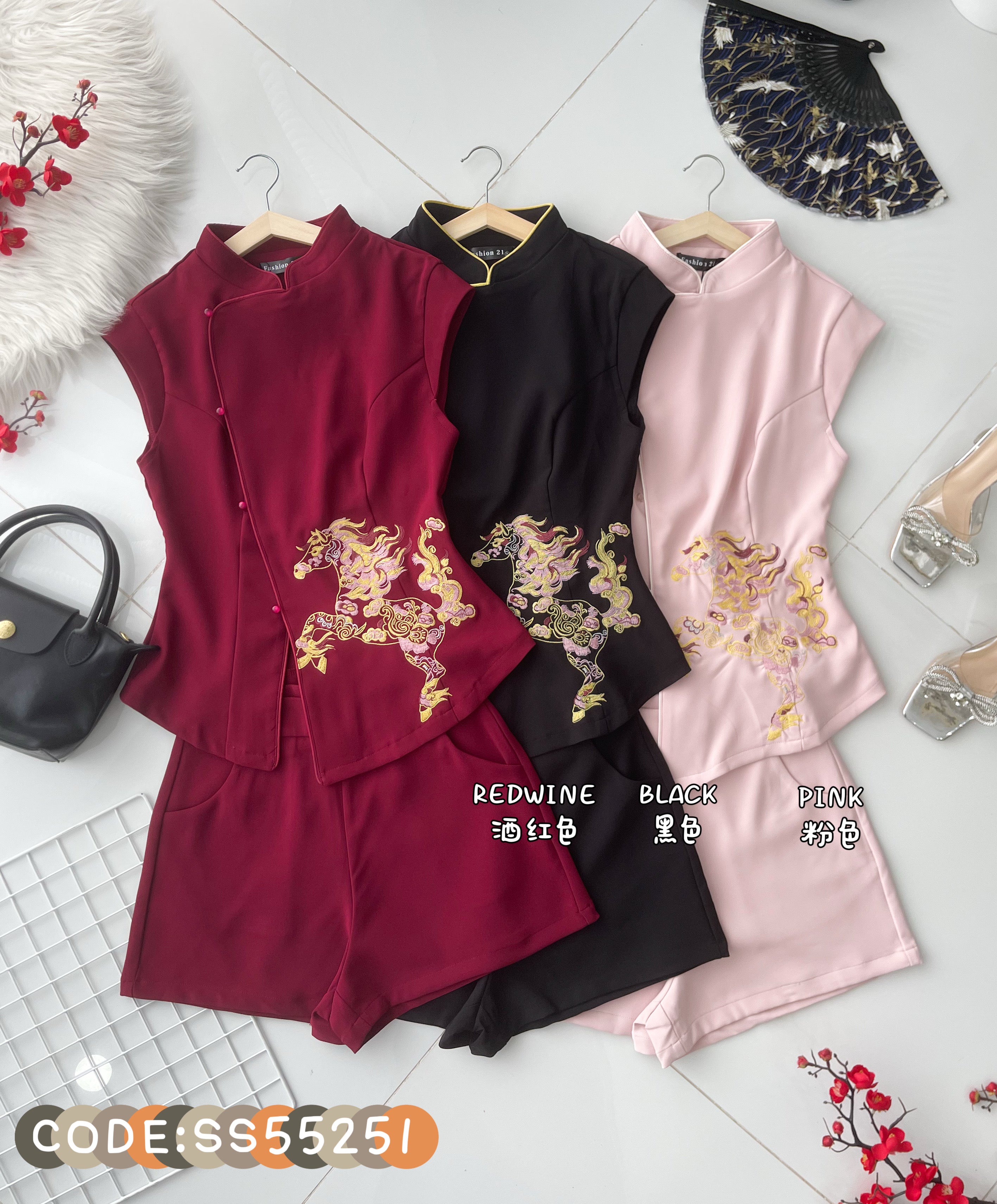 【SS55351-1】⚡补货预订款⚡高品质两件式复古国风新中式旗袍套装 立领旗袍上衣➕西装高腰百搭短裤，有口袋 ❤️❤️