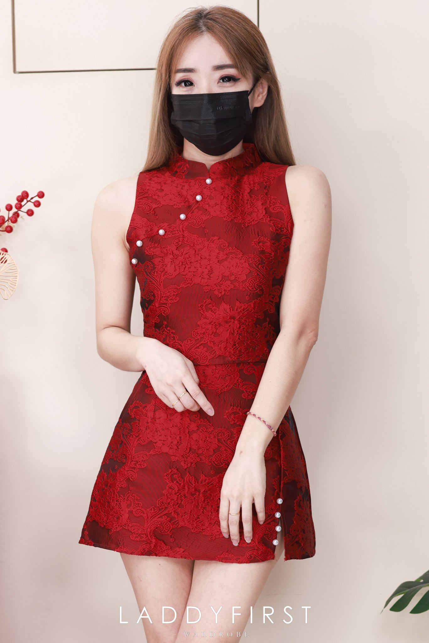 【SS2825】高品质两件式高级感提花旗袍套装 提花拼接珍珠设计旗袍上衣➕提花高腰裙子，内层有里布短裤，有口袋 ❤️❤️