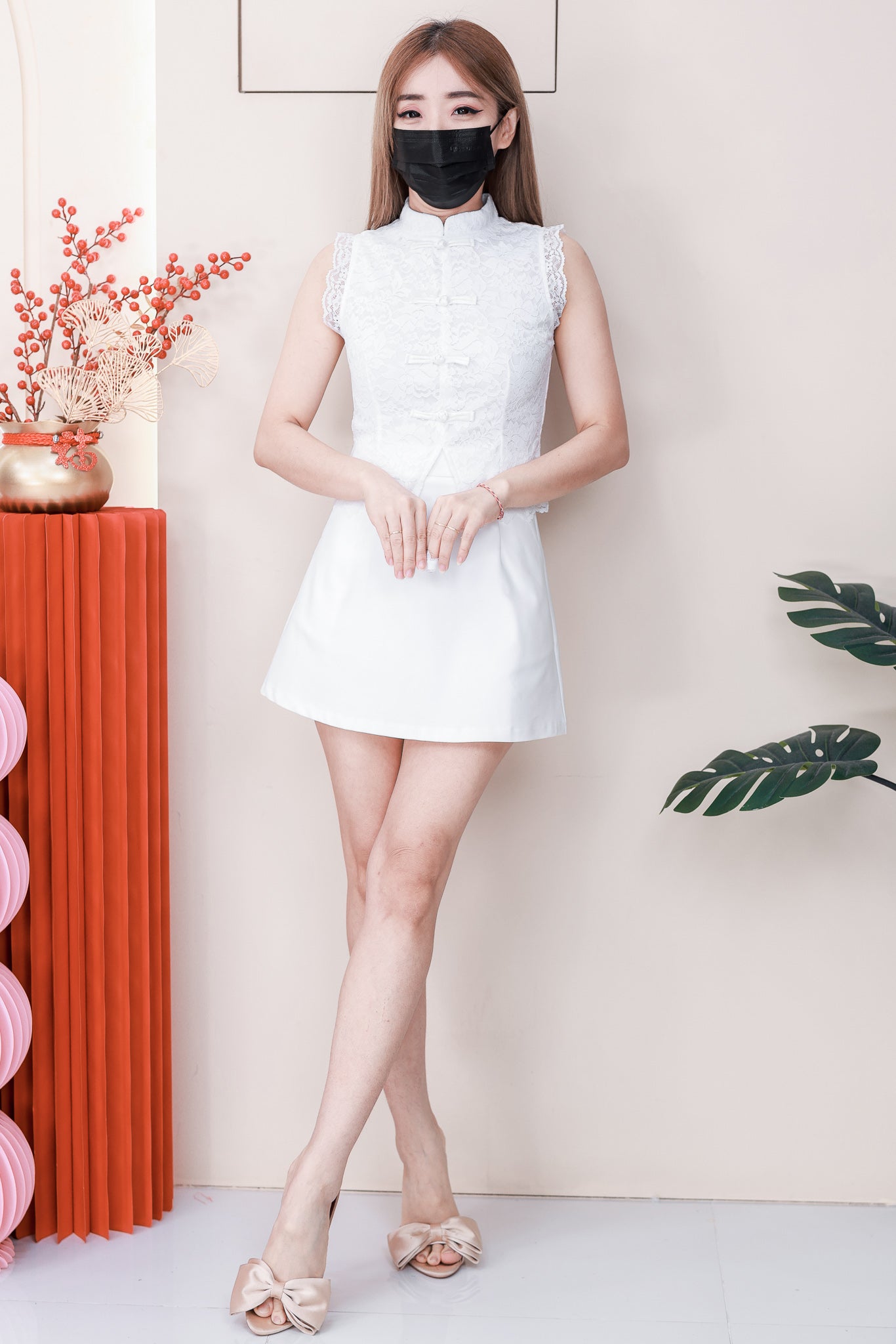 【SS6809】高品质两件式弹力蕾丝旗袍套装 盘扣设计蕾丝旗袍上衣➕前后裙西装高腰百搭裙子，内层有里布短裤，有口袋 ❤️❤️