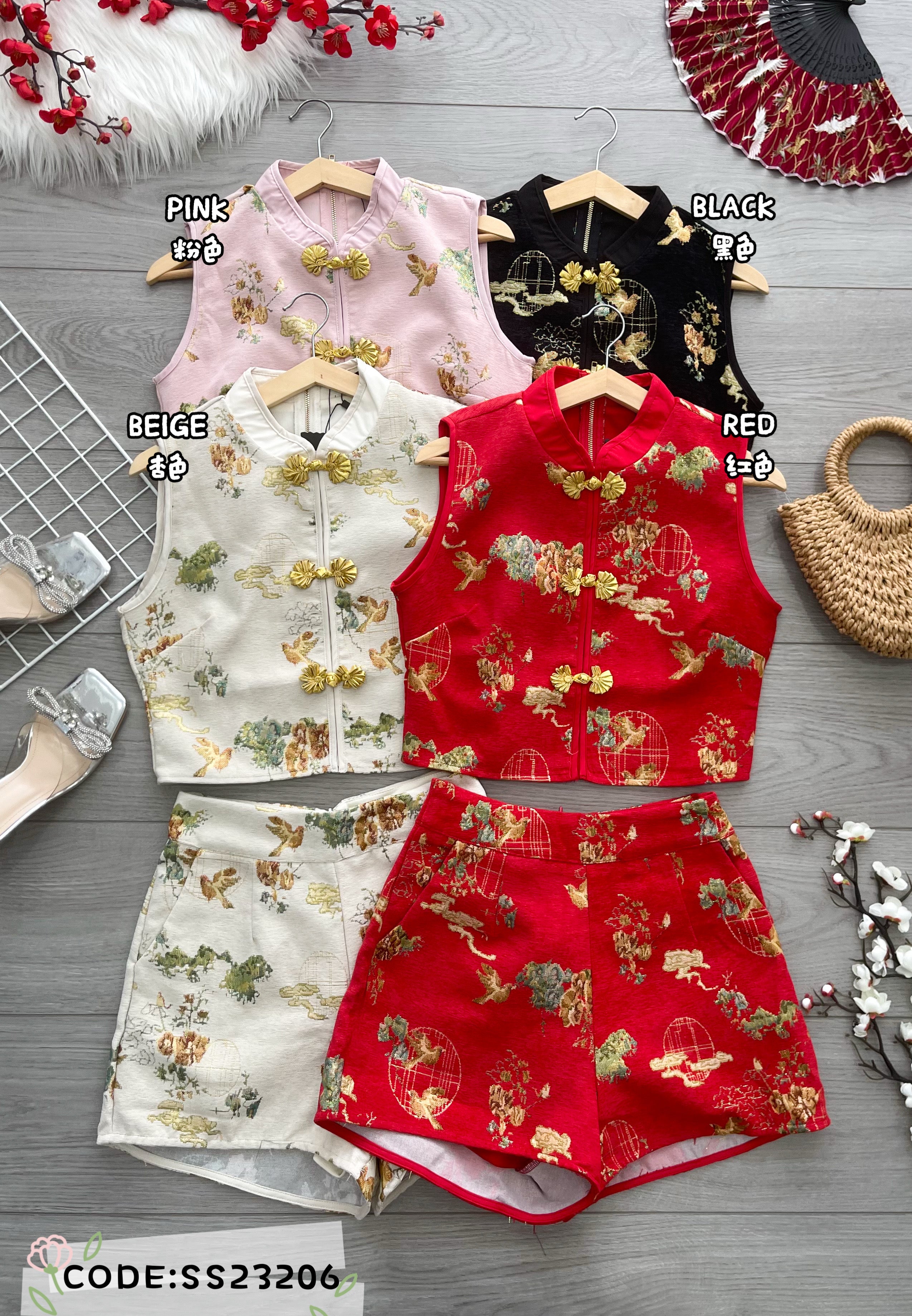 【SS23206】高品质【亲子装//女装】两件式新中式复古金线提花旗袍套装 无袖旗袍上衣➕高腰短裤，有口袋 ❤️❤️