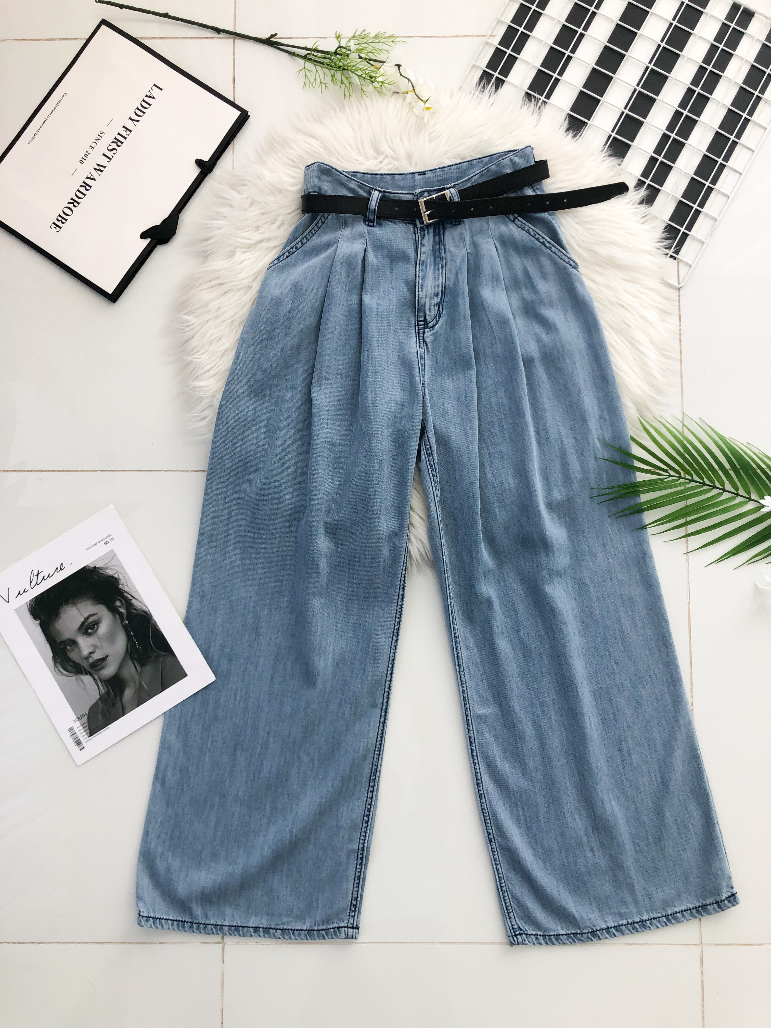 【L3582】高品质气质天丝牛仔直筒阔脚高腰百搭长裤，配送腰带有口袋 ❤️❤️