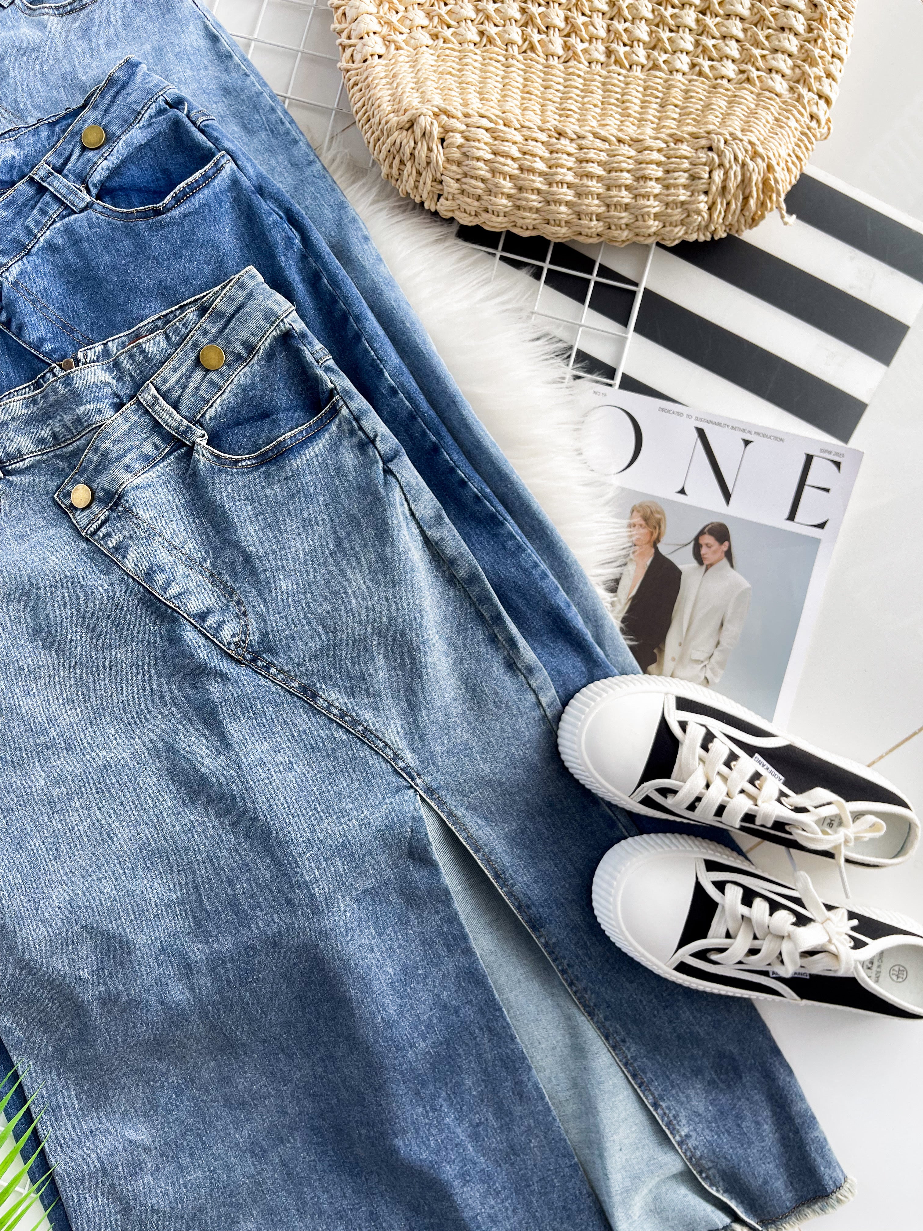 【L121417】高品质COTTON JEANS牛仔弹力韩系时尚开叉设计高腰裙子，有口袋 ❤️❤️