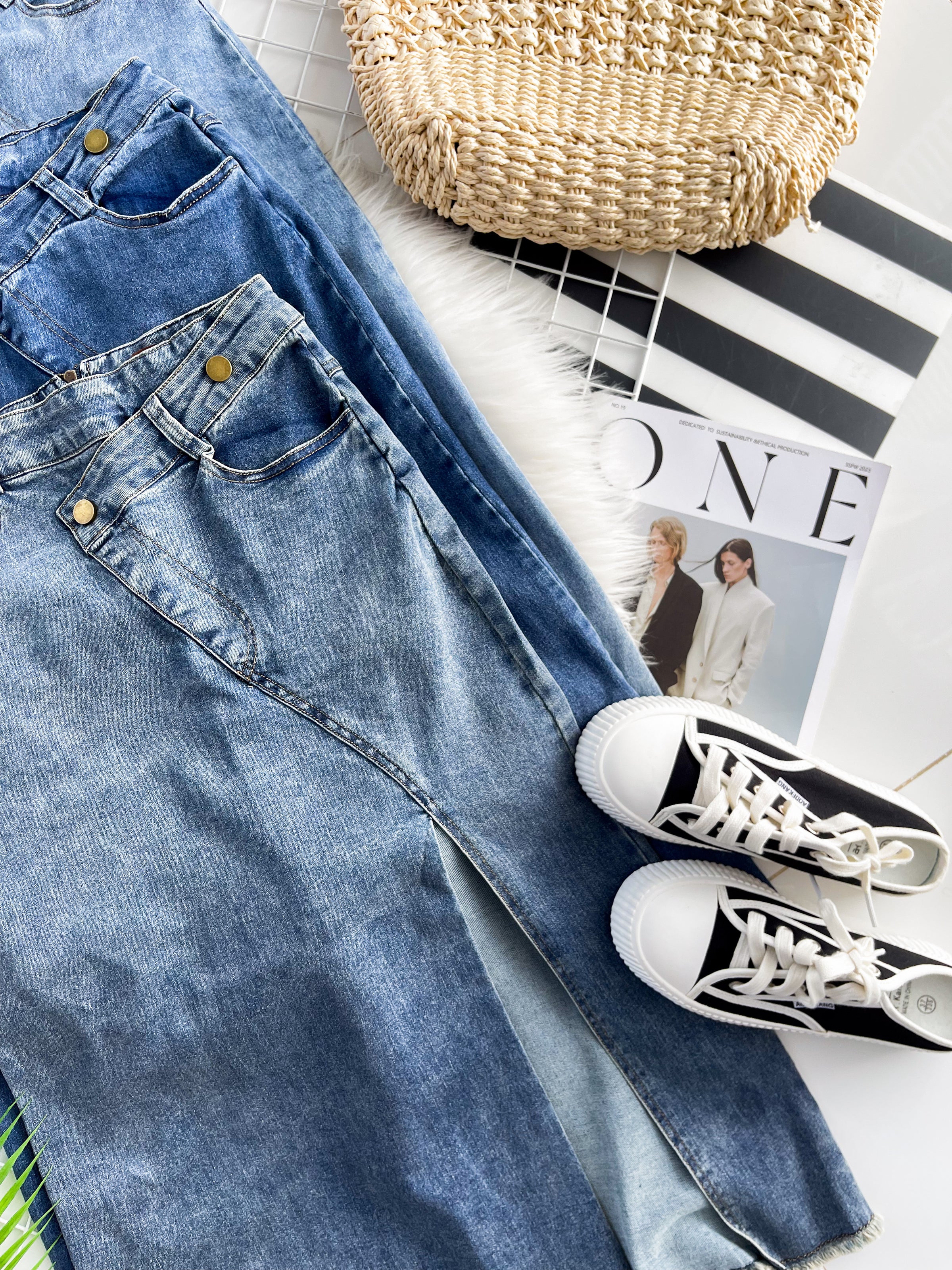 【L121417】高品质COTTON JEANS牛仔弹力韩系时尚开叉设计高腰裙子，有口袋 ❤️❤️ 【A-R1-C1】