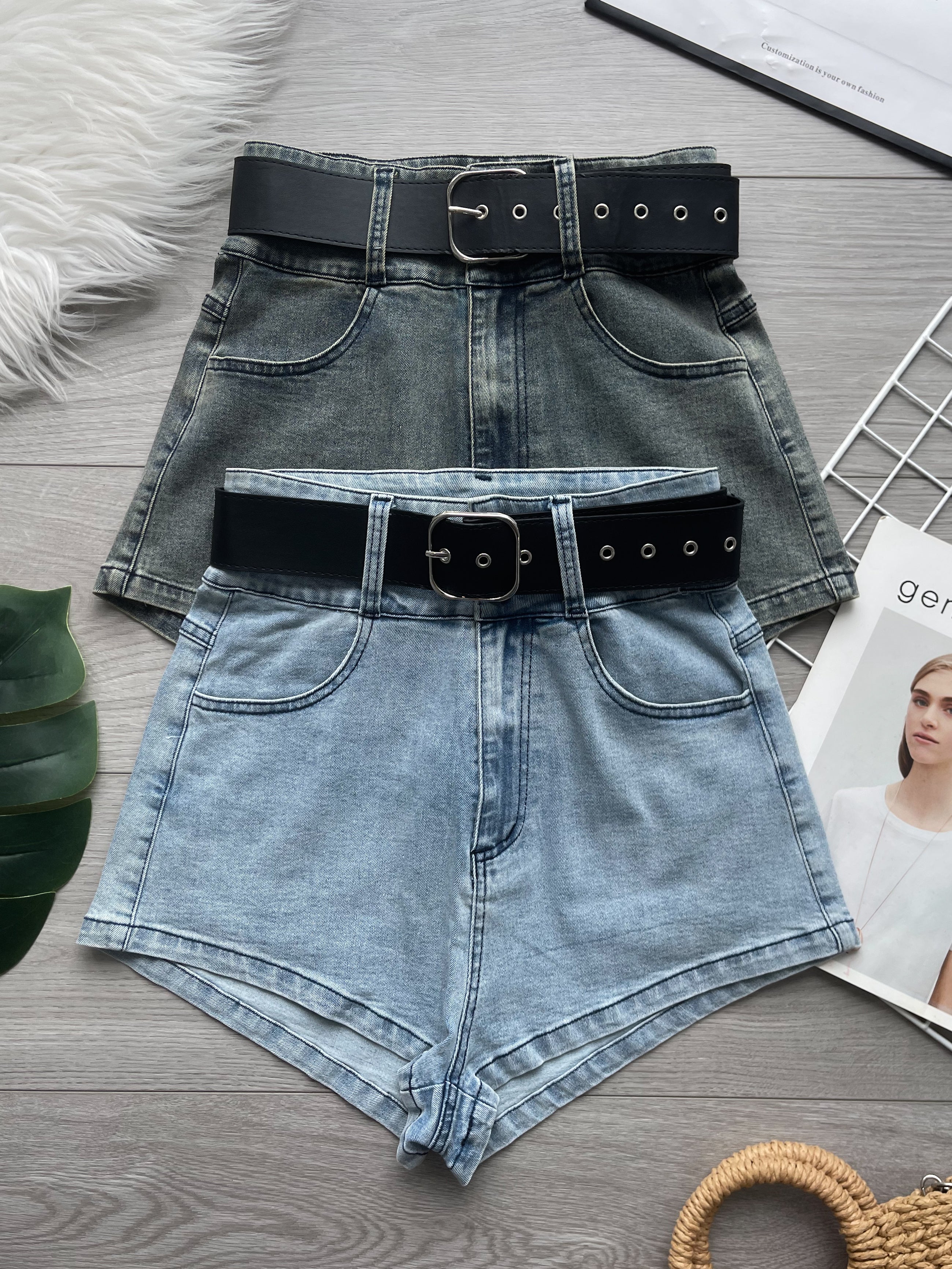 【S121532】COTTON JEANS简约时尚牛仔高腰百搭短裤，搭配配送腰带，有口袋 ❤️❤️