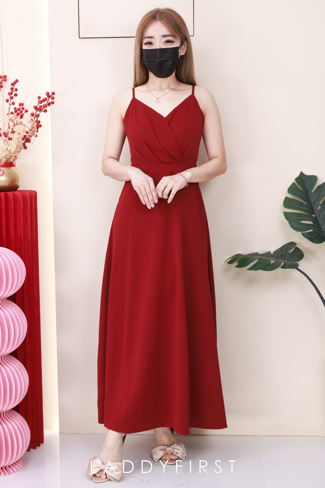 【D6483】高品质V领自调无袖肩带气质浪漫优雅款晚宴连身长裙，有口袋 ❤❤【A-R2-C2】