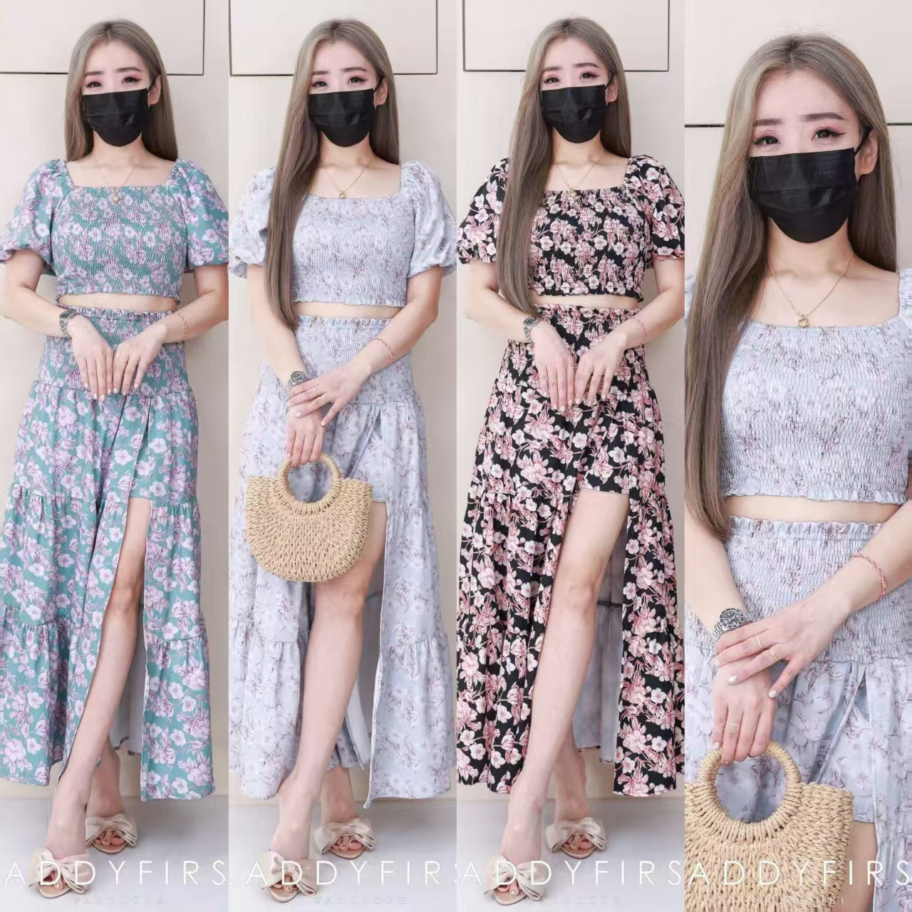 【SS110829】两件质浪漫温柔风summer小碎花套装 泡泡袖短版上衣➕层次蛋糕开叉设计碎花长裙，内层有短裤 ❤️❤️