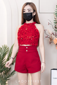 【SS3400】【独家小圆饼】两件式削肩套装 ,  鸵鸟毛拼接亮片Cut In上衣 ➕ 西装锦棉高腰显瘦短裤 , 有口袋【A-R2-C5】