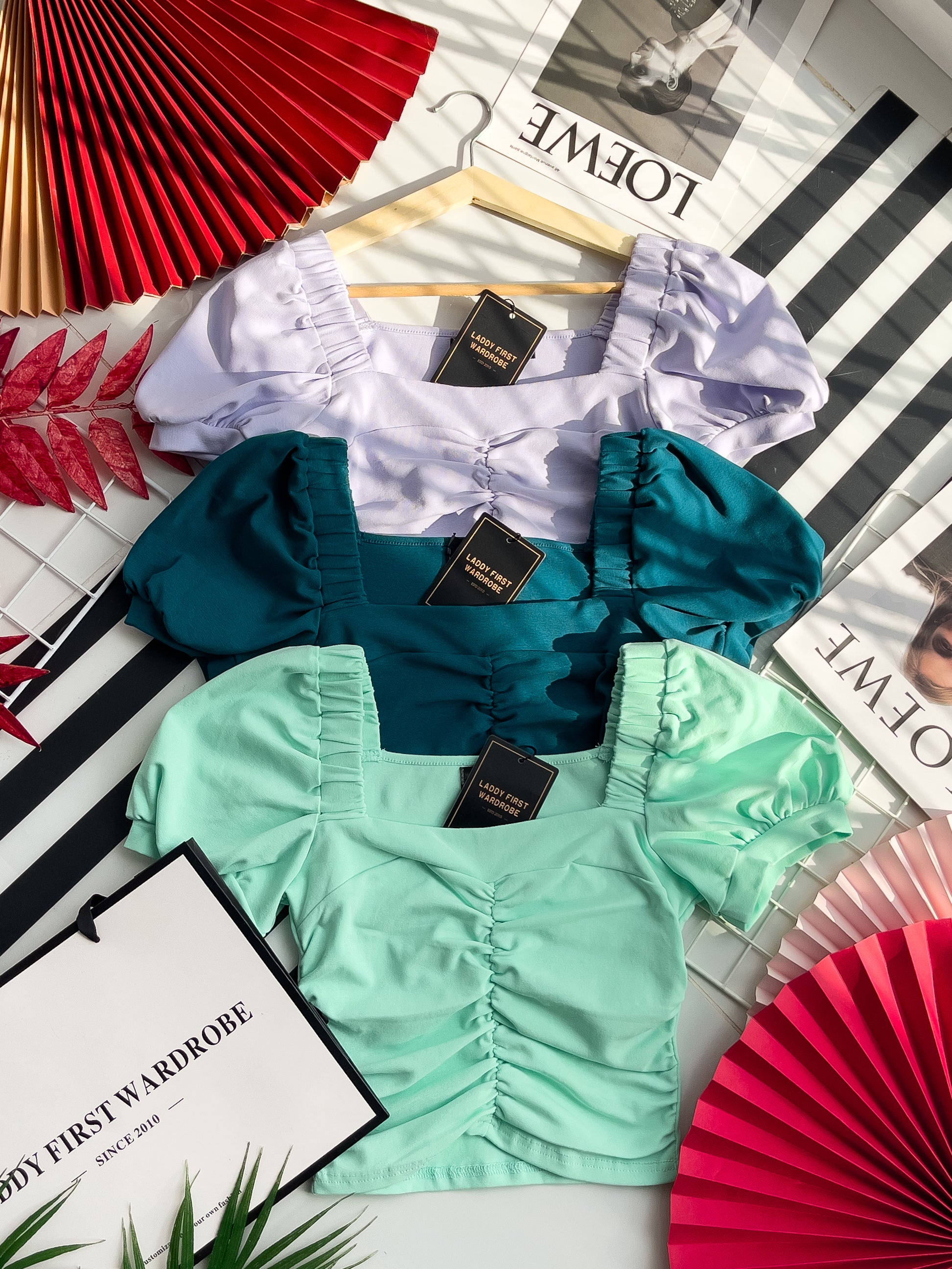 【T3408】独家爆款方领宫廷袖皱褶修身设计纯棉弹力百搭上衣 ❤❤ 【A-R1-C5】