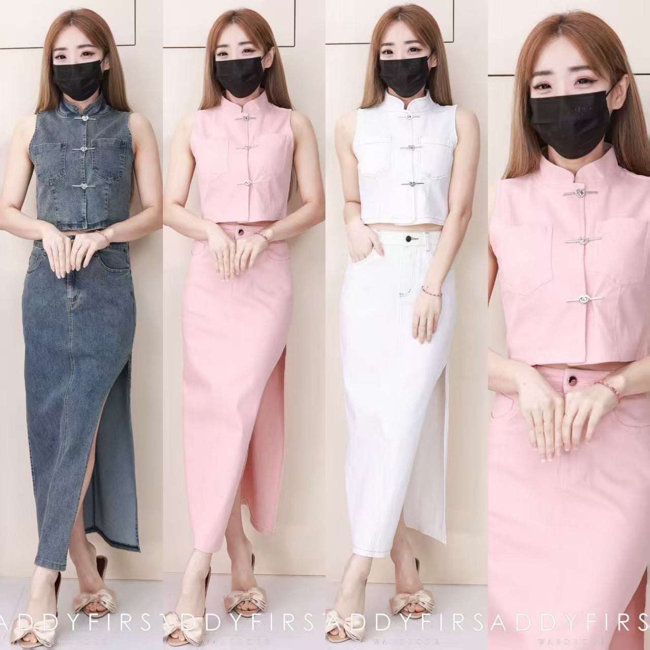 【SS21210】高品质两件式马甲式牛仔旗袍套装 马甲式牛仔旗袍上衣➕侧边露单腿开叉设计牛仔高腰裙子，有口袋❤️❤️