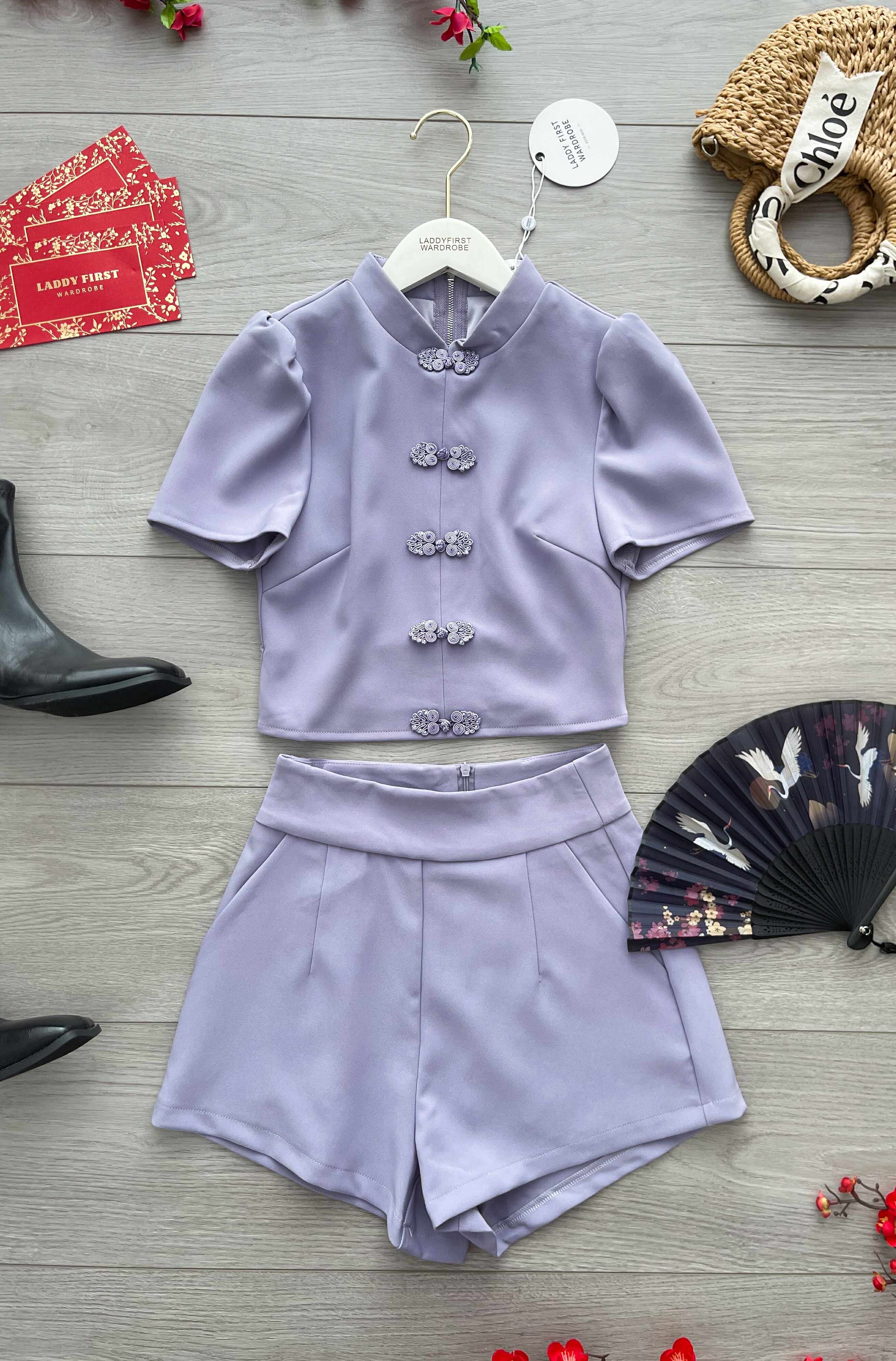 【SS3504】【LFW独家小圆饼】高品质两件式简约时尚西装四面弹唐装旗袍套装 立领盘扣短袖旗袍上衣➕西装高腰百搭短裤，有口袋 ❤️❤️