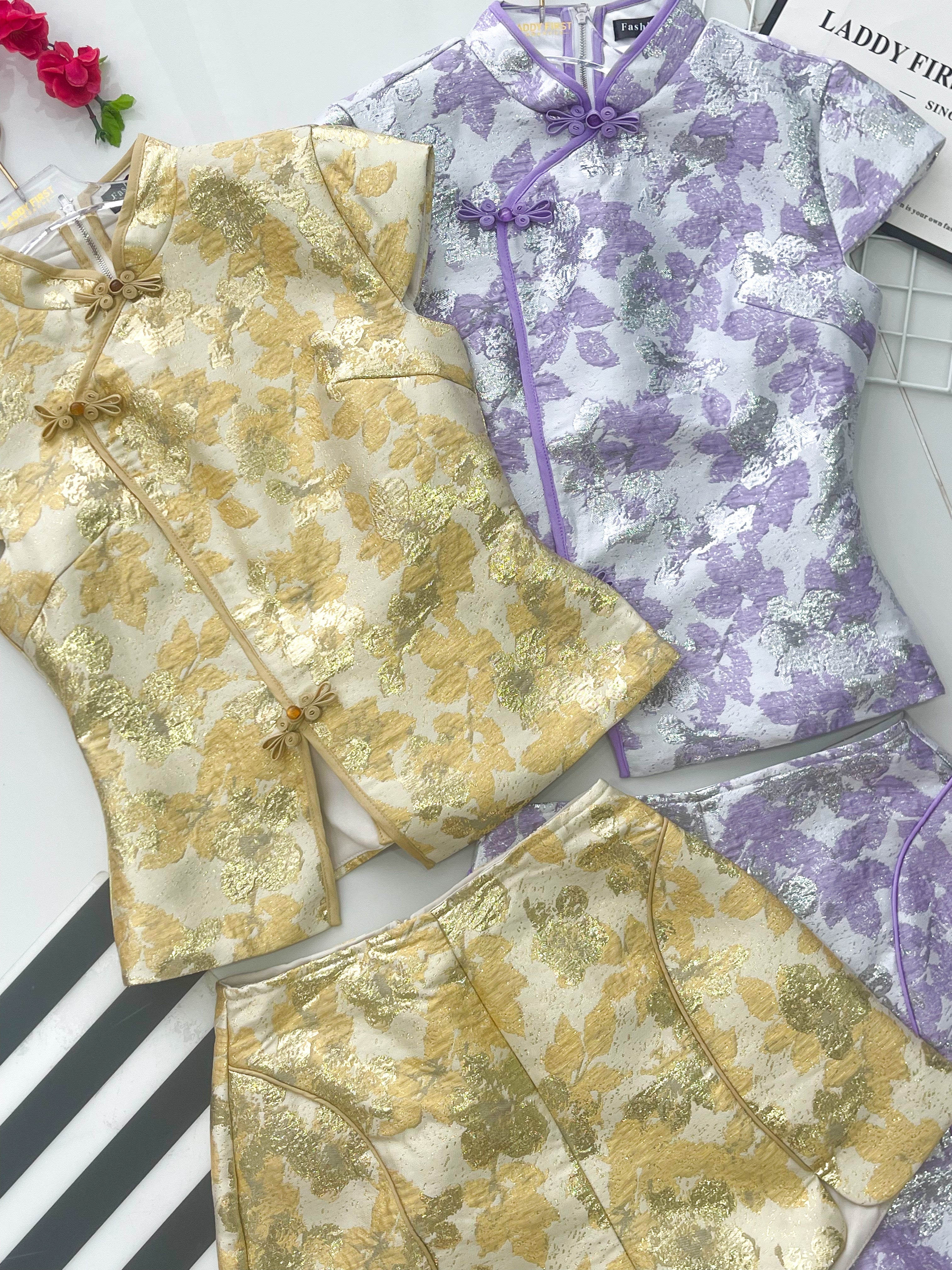 【SS55350】高品质两件式高端气质浮雕提花旗袍套装 提花旗袍上衣➕提花高腰短裤 ❤️❤️【A-R2-C1】