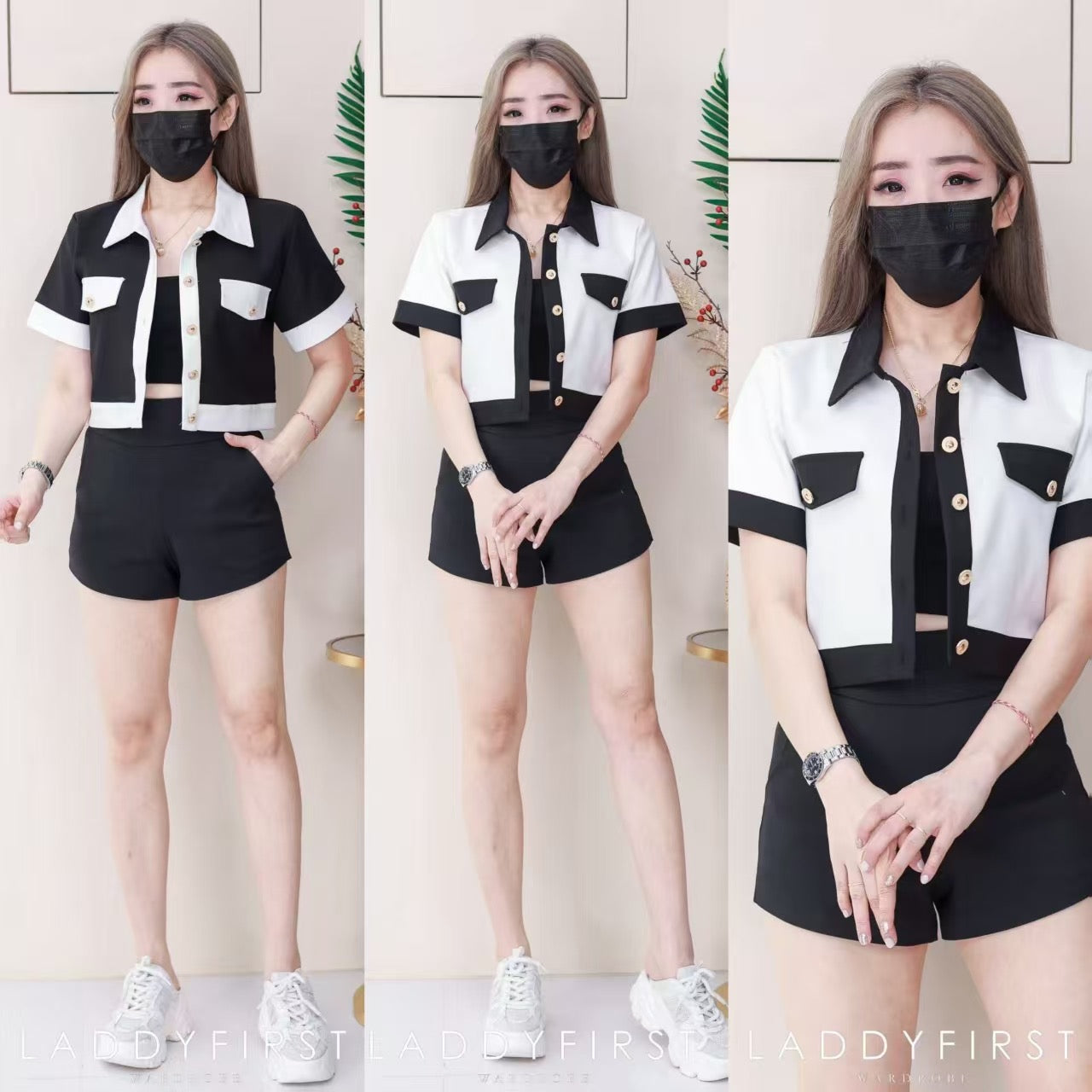 【T6390】翻领短袖西装小香风设计上衣，可当小外套